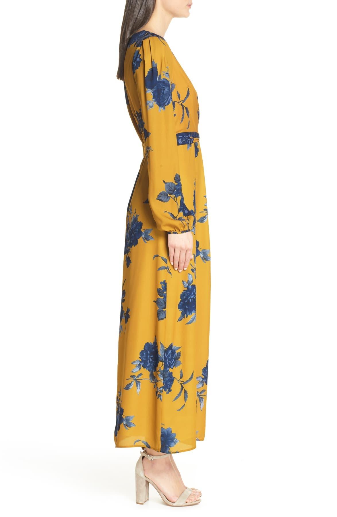 Chelsea28 Floral Print Faux Wrap Maxi Dress in Yellow Navy (Yellow) | Lyst
