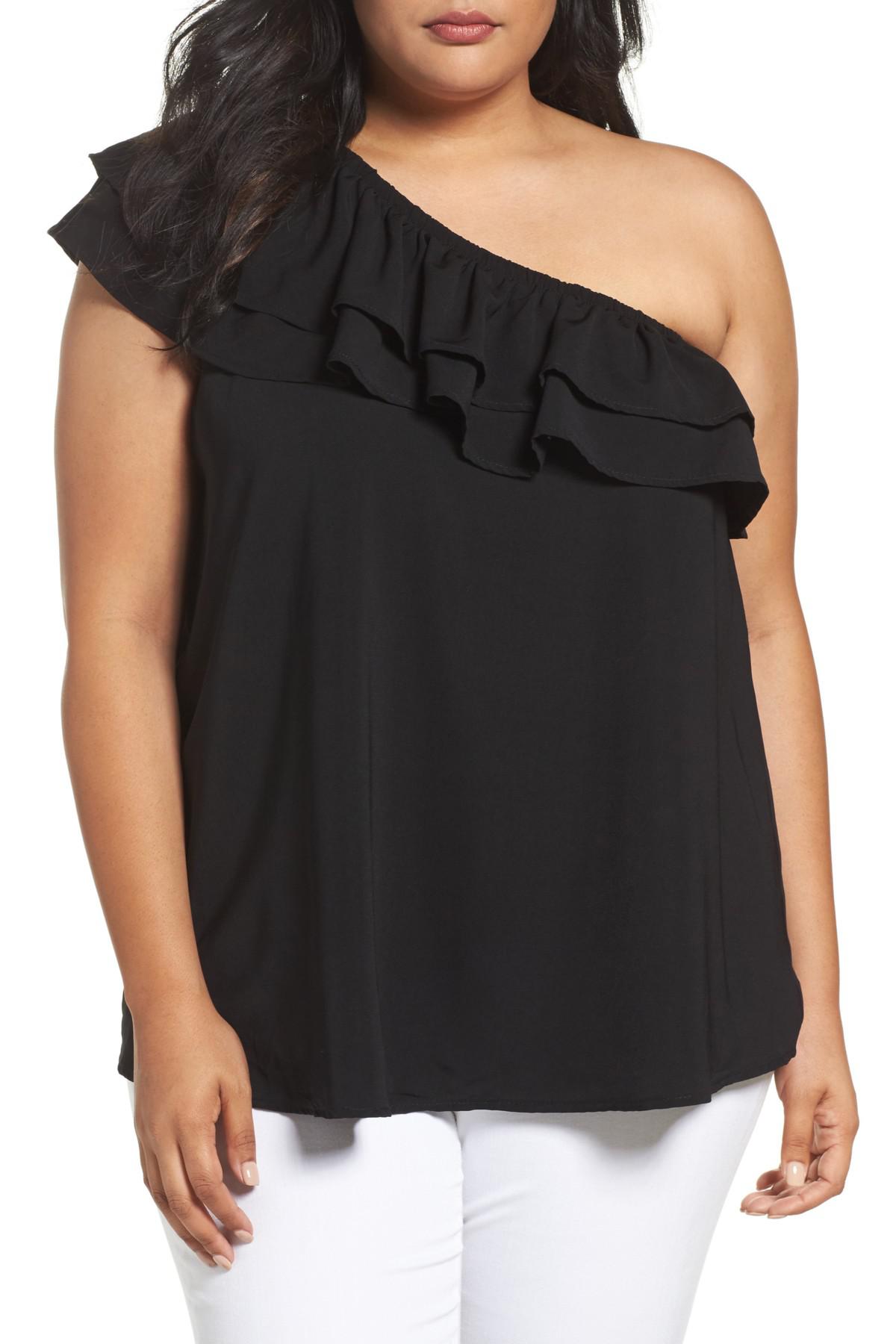 Lyst Sejour Oneshoulder Ruffled Blouse in Black