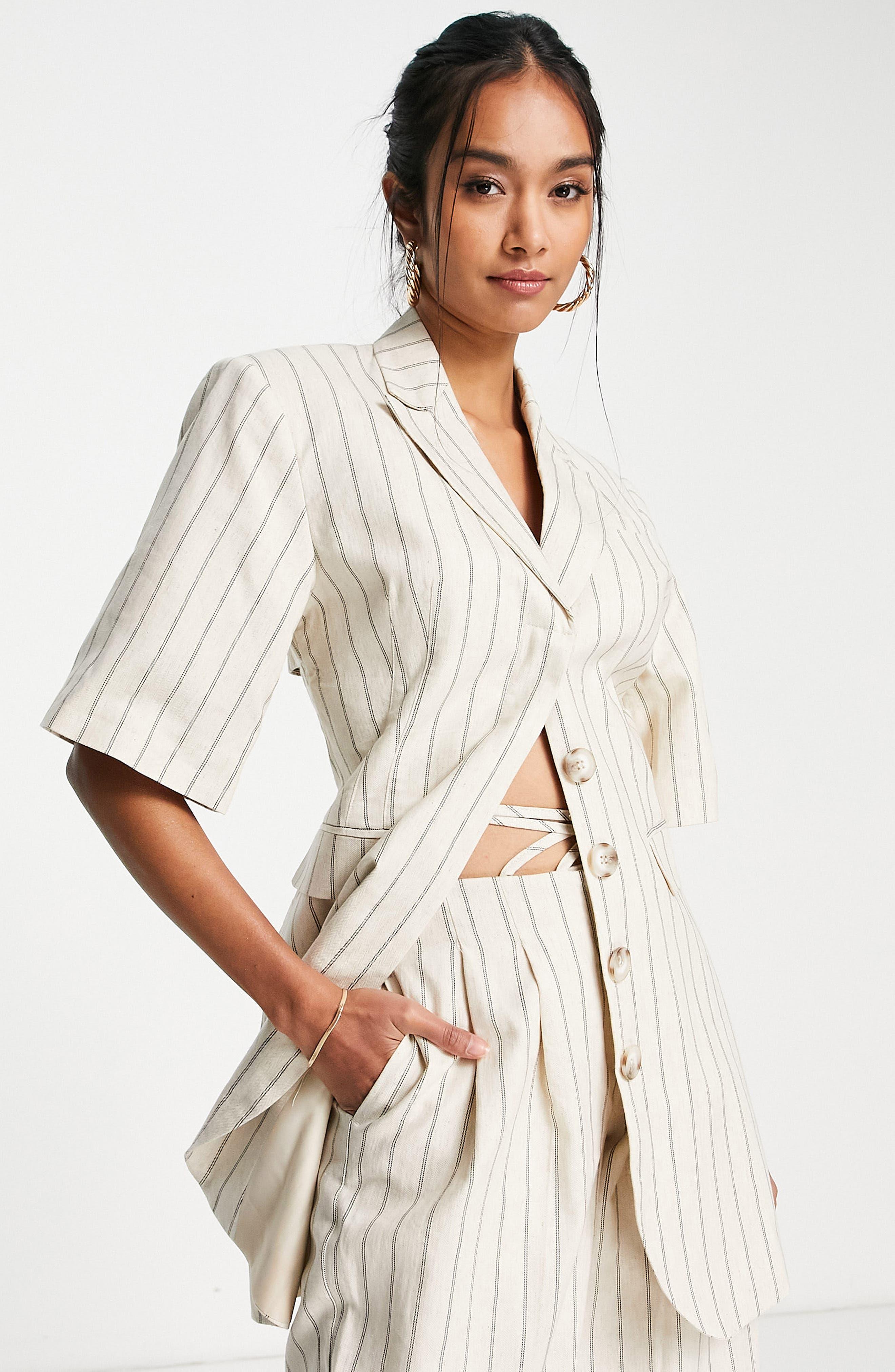 TOPSHOP Stripe Short Sleeve Linen Blend Blazer in Natural Lyst