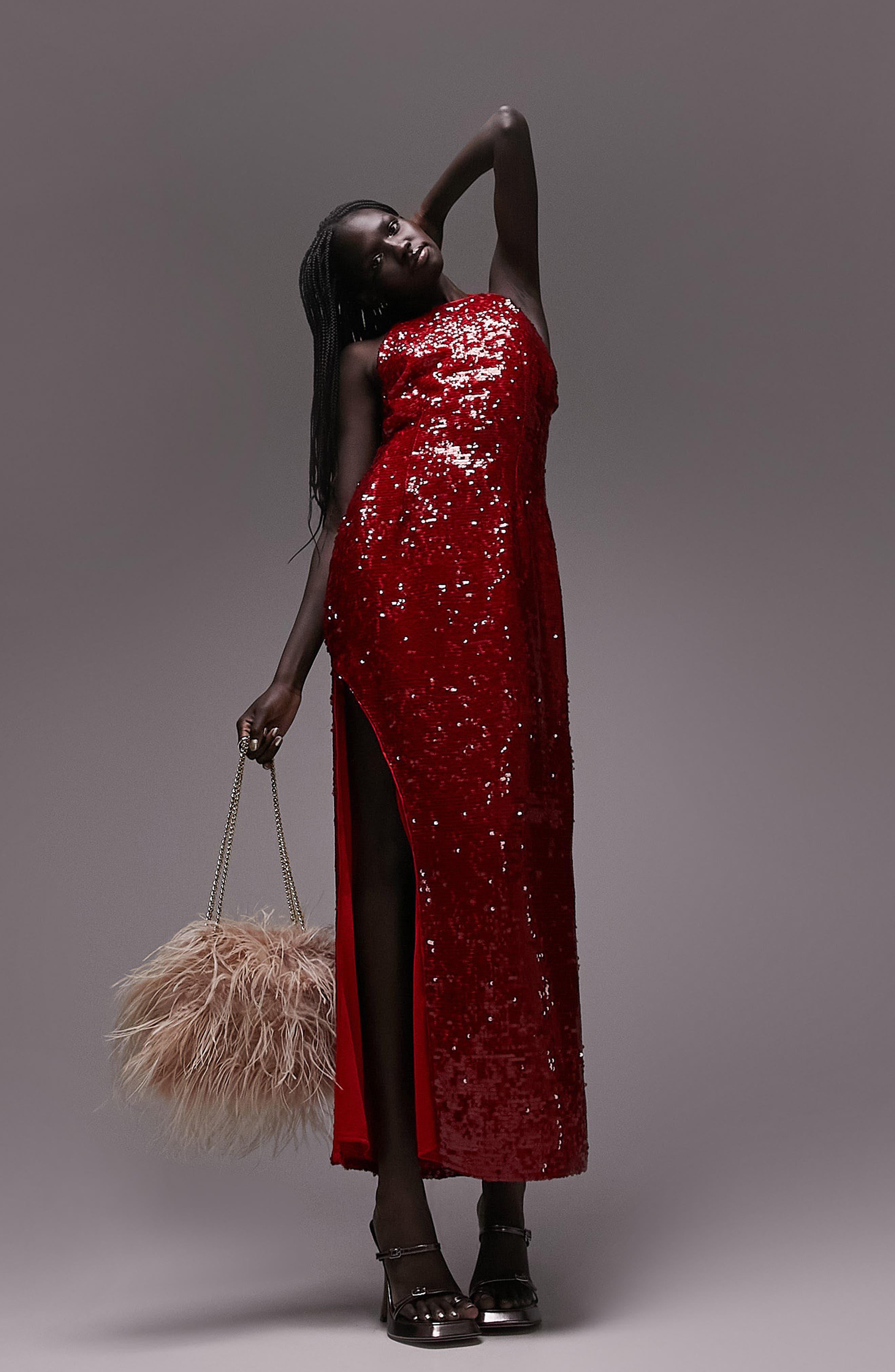 TOPSHOP Disco Sequin Slit Evening Gown in Red | Lyst
