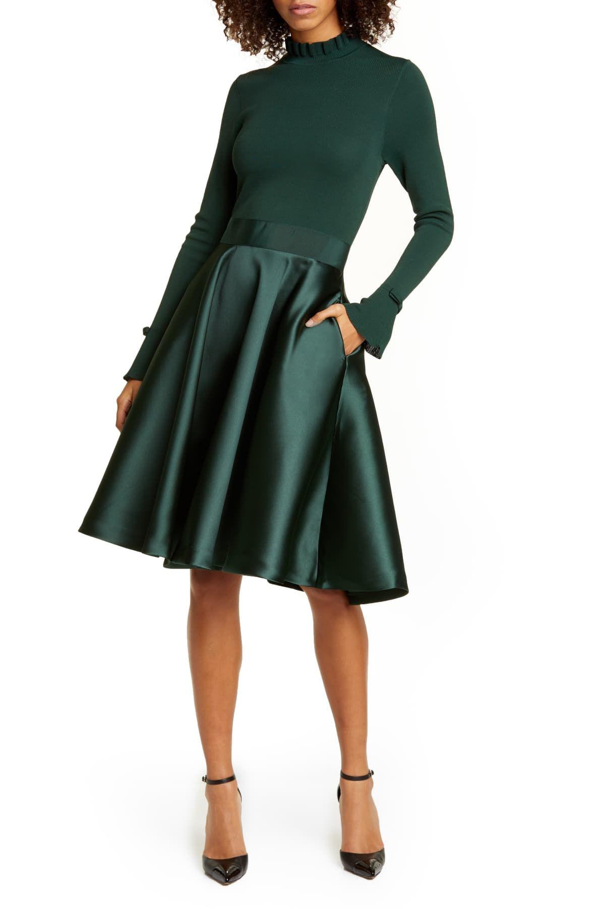 Ted Baker Satin Zadi Long Sleeve Fit & Flare Dress in Dark Green (Green) |  Lyst