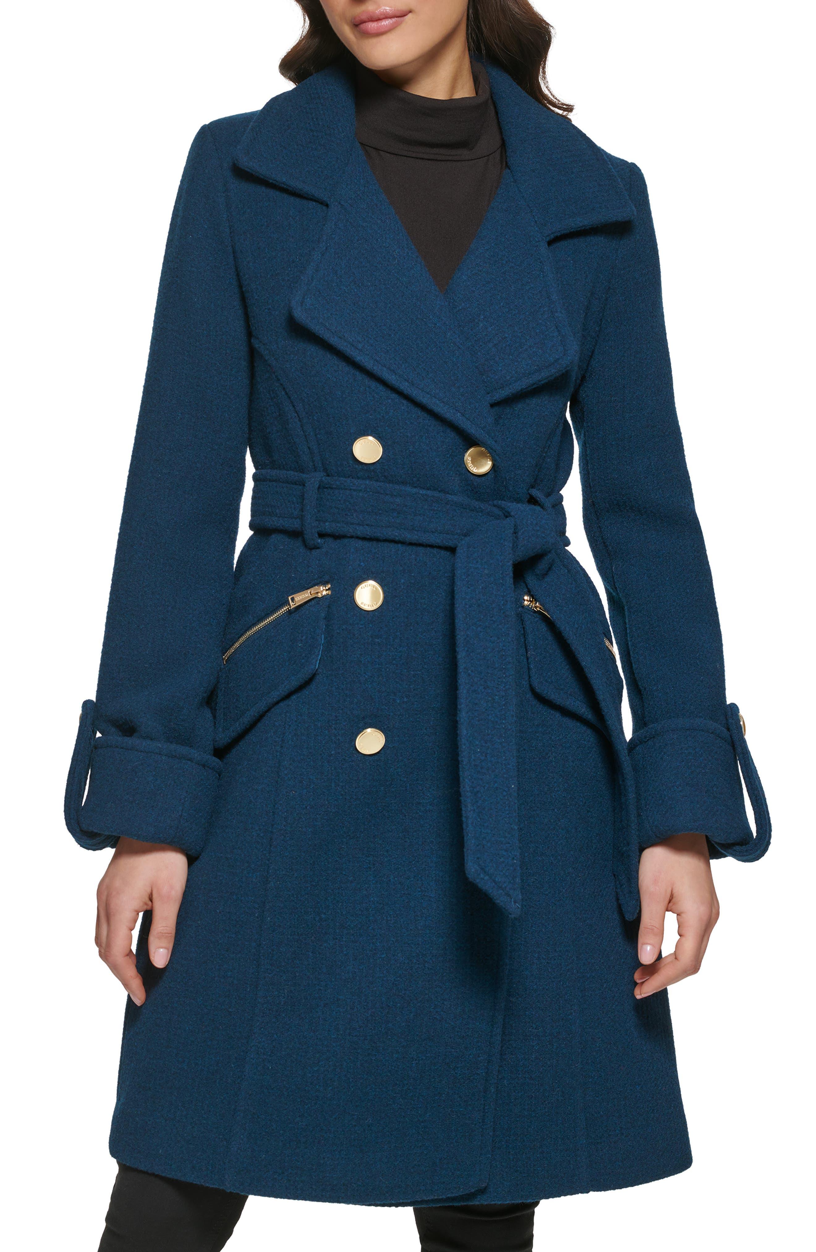 Guess Double Breasted Belted Wool Blend Coat in Blue | Lyst
