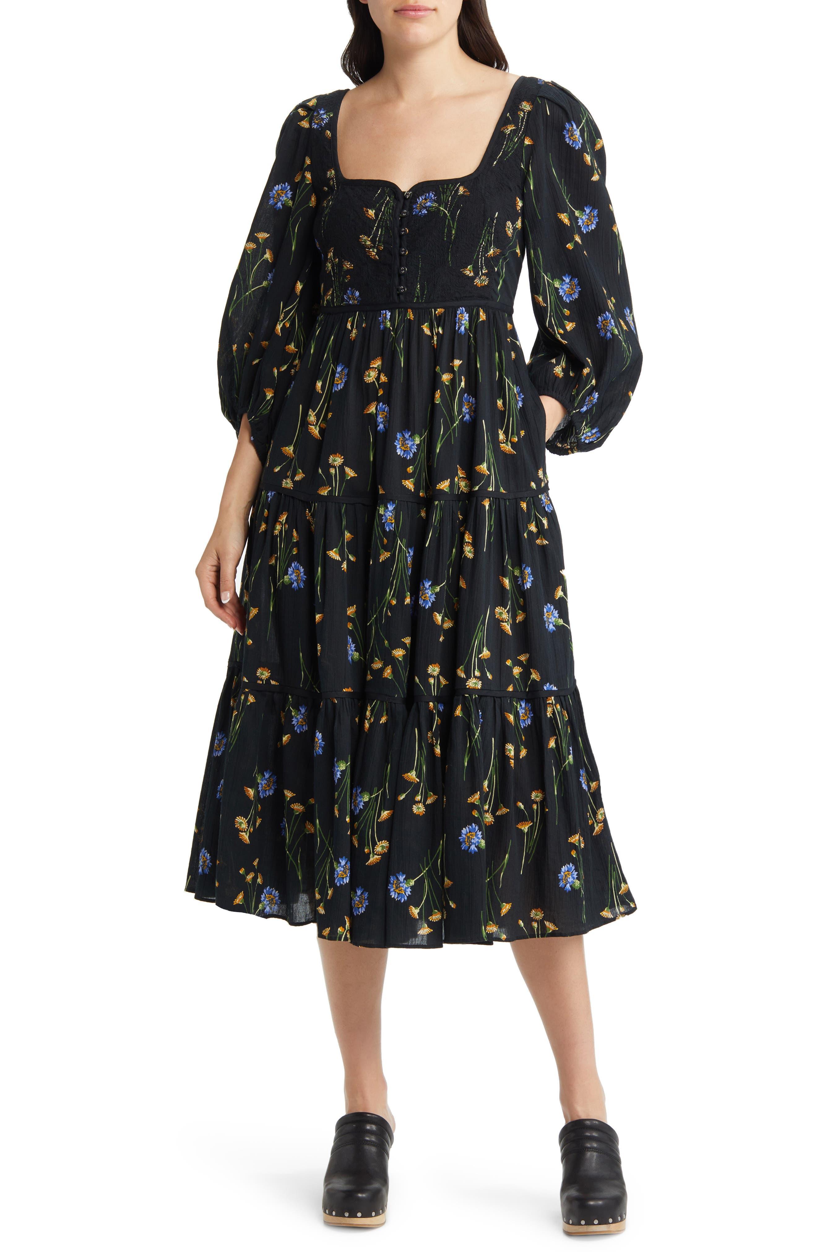 Madewell Xiomara Floral Print Long Sleeve Cotton Dress in Black | Lyst