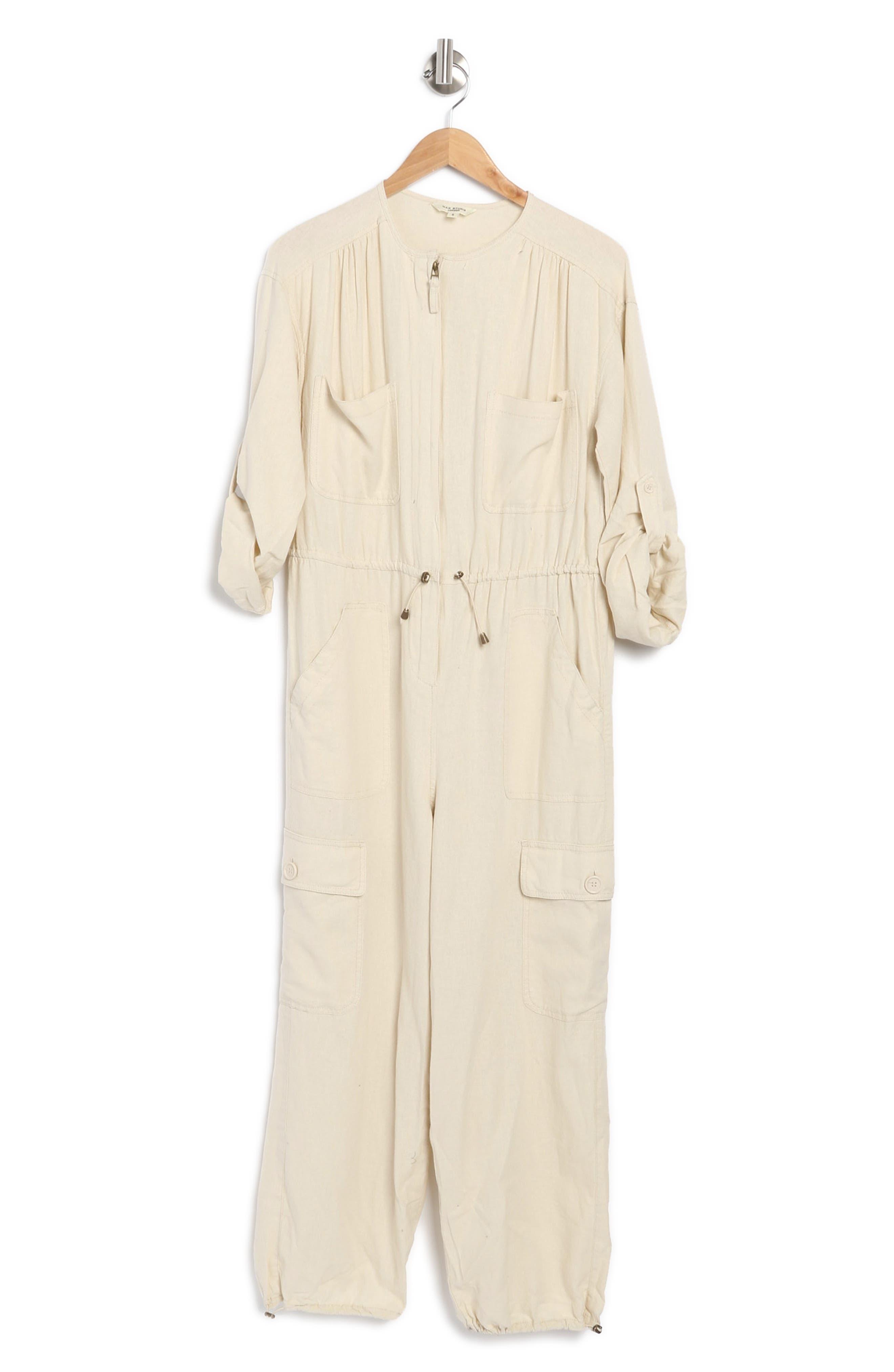 Max Studio Drawcord Waist Long Sleeve Cargo Jumpsuit in Natural Lyst