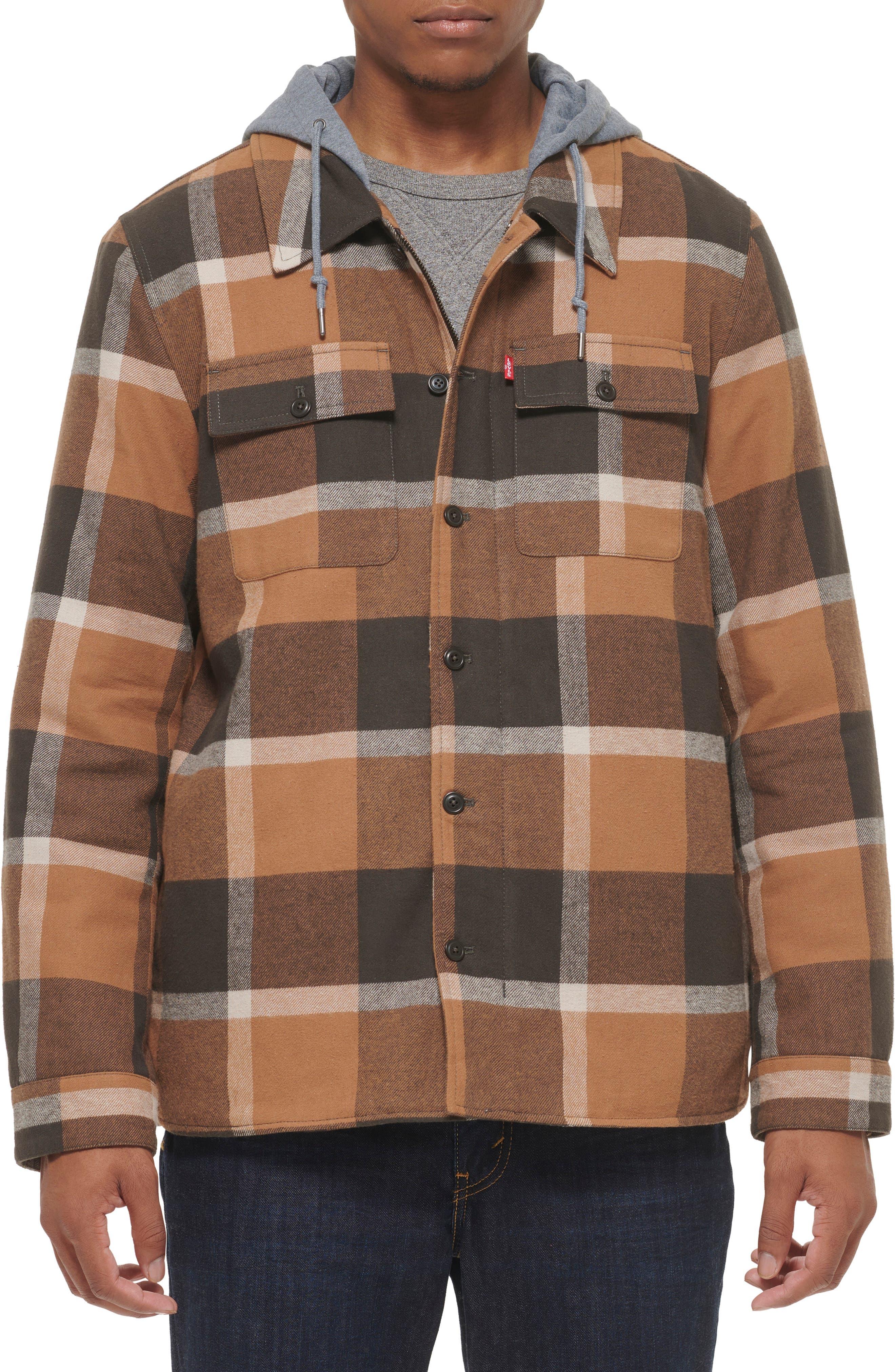 Levi's Plaid Faux Shearling Lined Jersey Hood Shirt Jacket In Brown Skater  Plaid At Nordstrom Rack for Men | Lyst