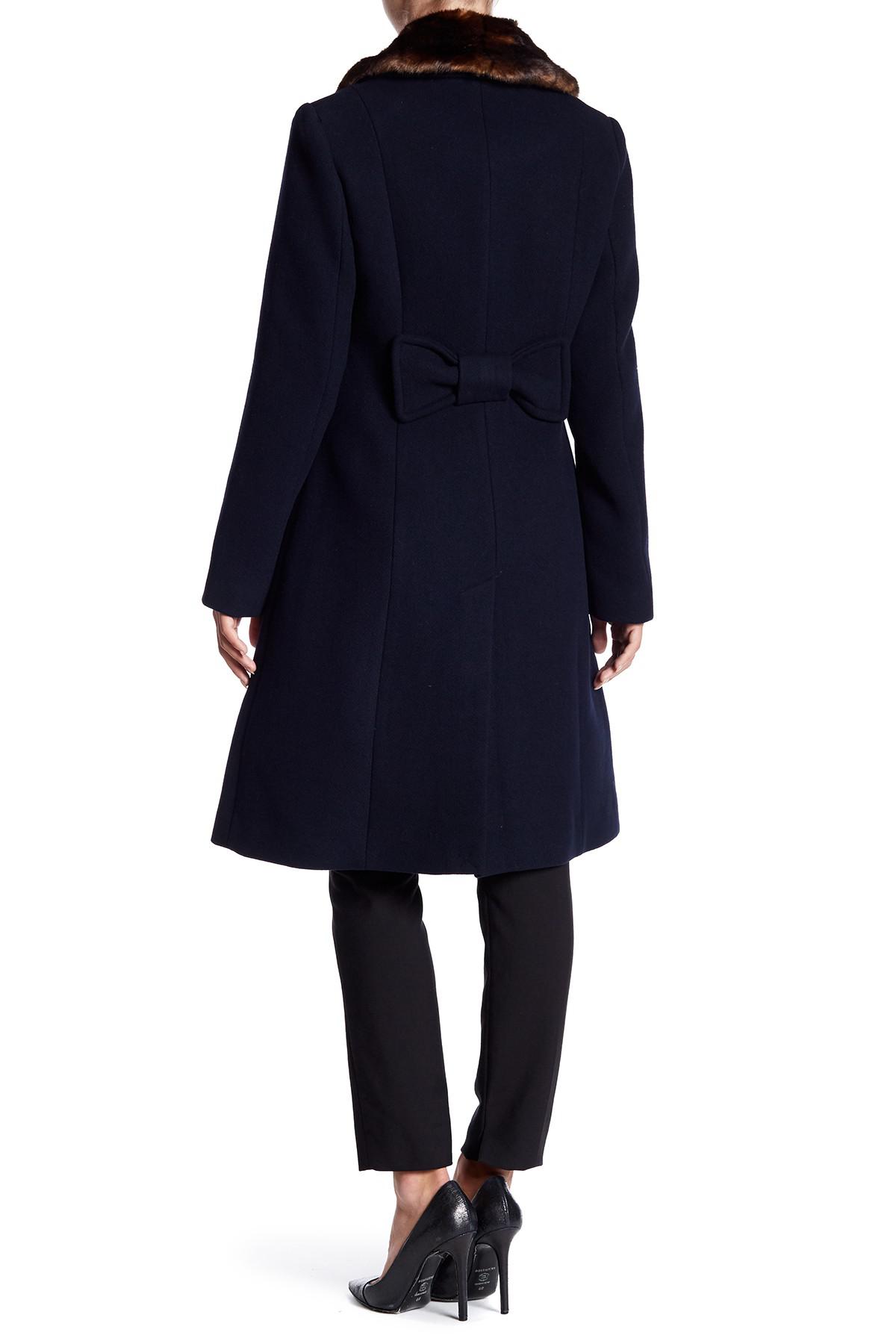 Kate Spade Faux Fur Collar Back Bow Coat in Blue - Lyst
