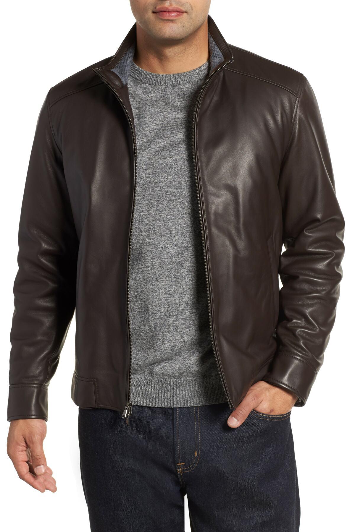 Peter Millar Leather Bomber Jacket in Brown for Men - Lyst
