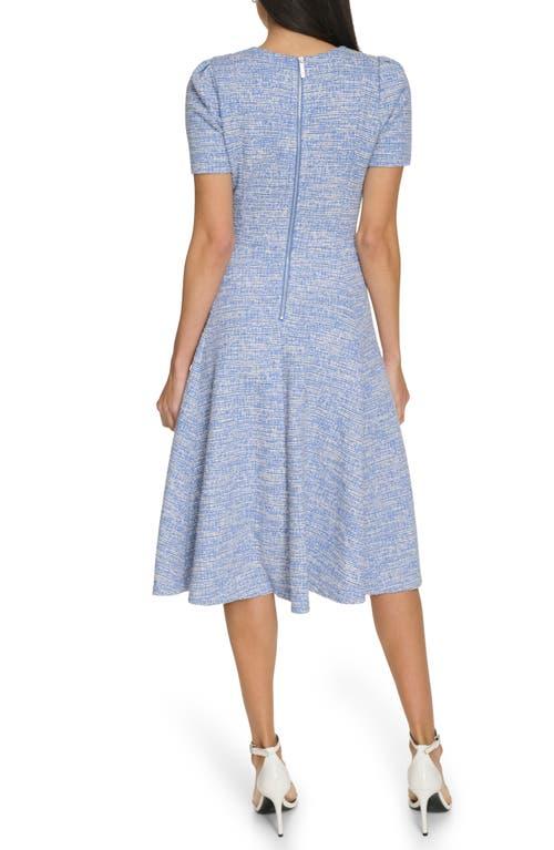 calvin klein short sleeve fit & flare midi dress Calvin Klein Short Sleeve Tweed Fit & Flare Midi Dress in Blue