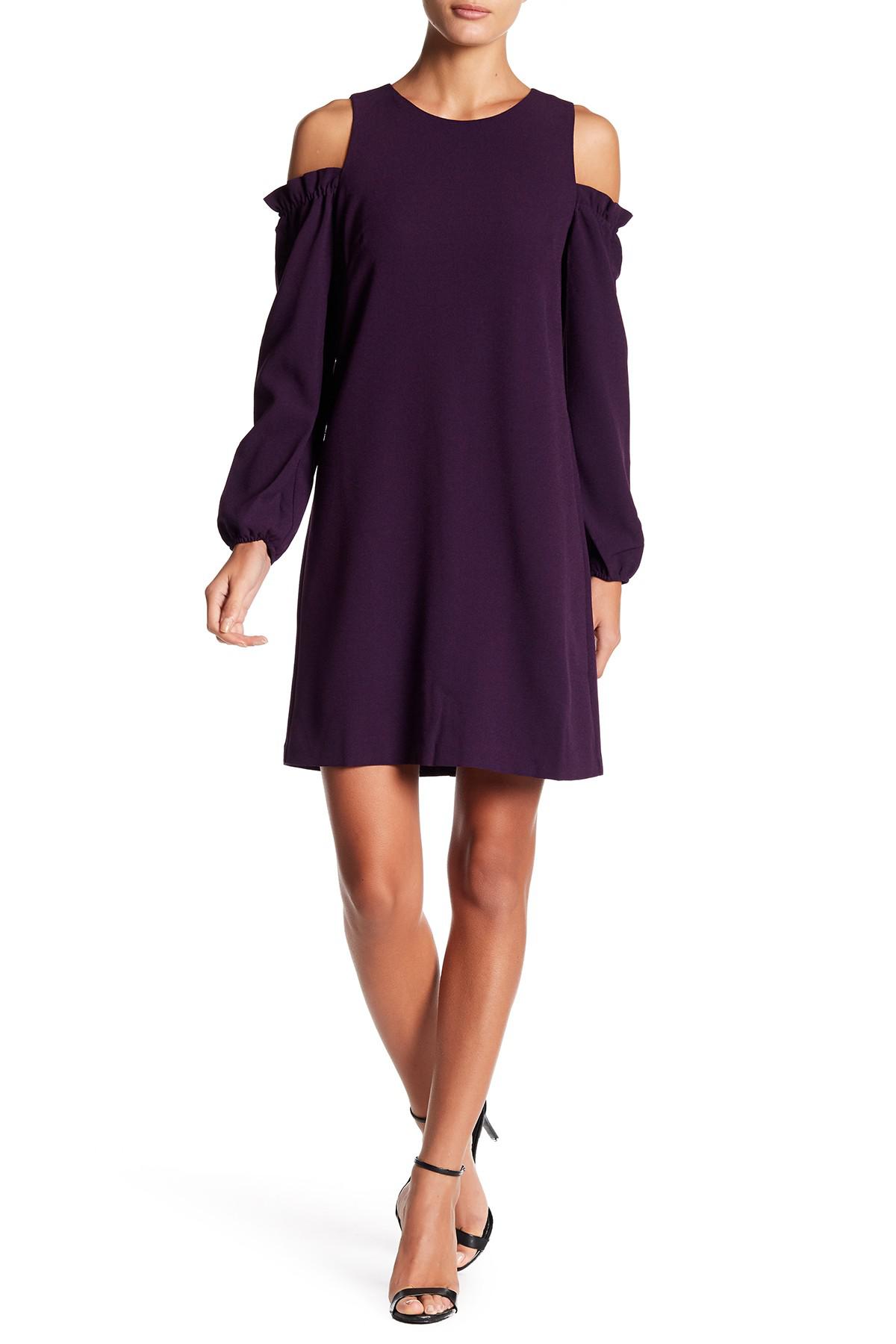 Eliza J Synthetic Balloon Sleeve Ruffle Cold Shoulder Dress in Purple ...