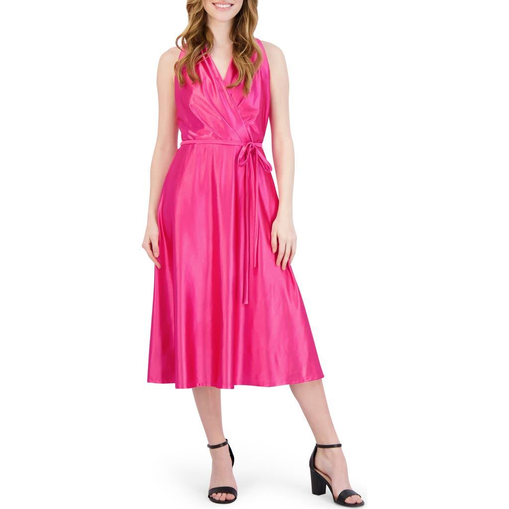 Julia Jordan Halter Neck Satin Faux Wrap Midi Dress in Pink | Lyst