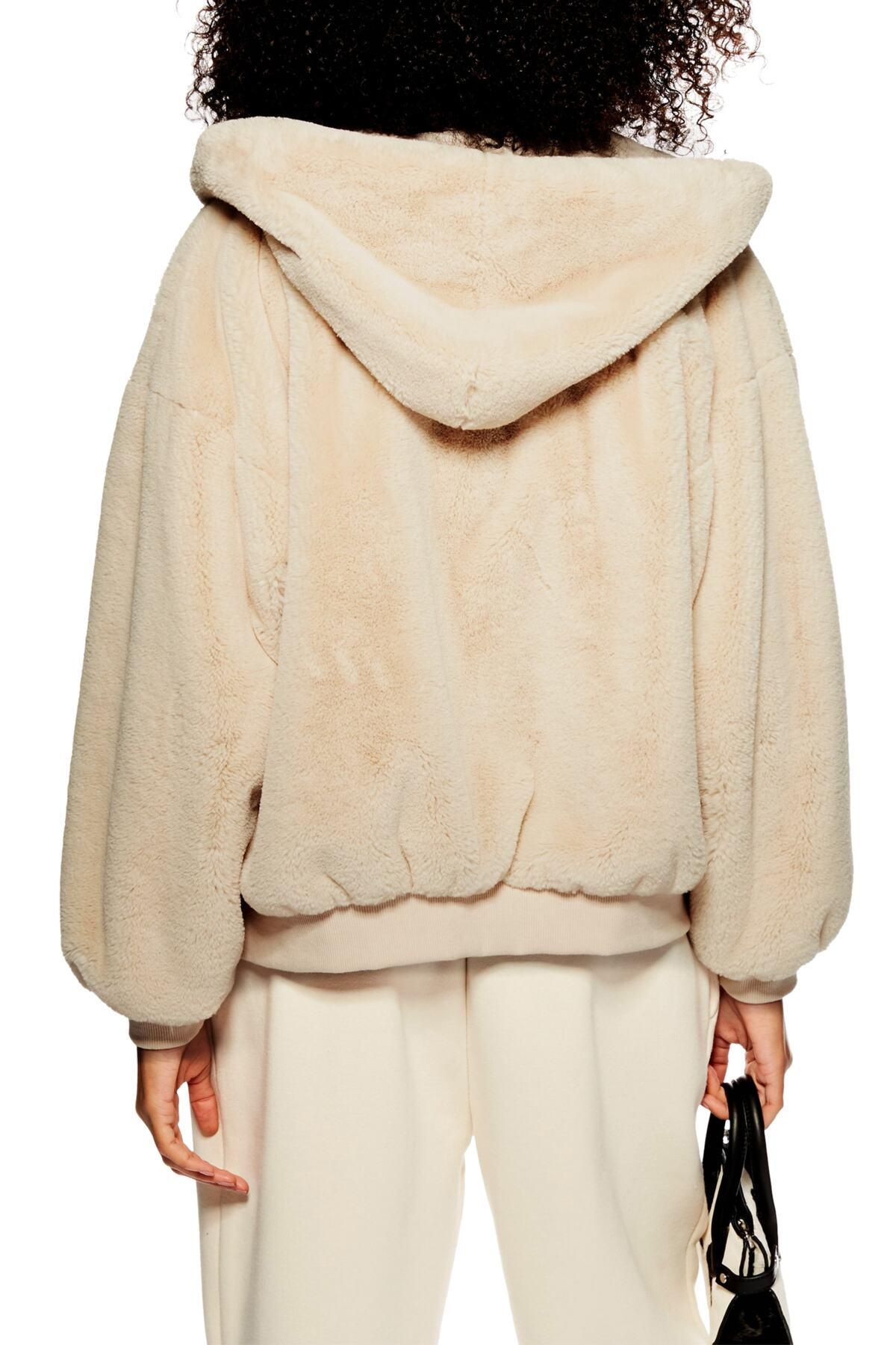 TOPSHOP Faux Fur Zip Hooded Sweatshirt in Cream (Natural) - Lyst