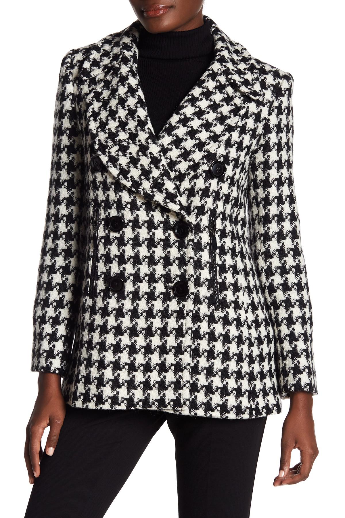 Sofia Cashmere Houndstooth Peacoat in Black | Lyst