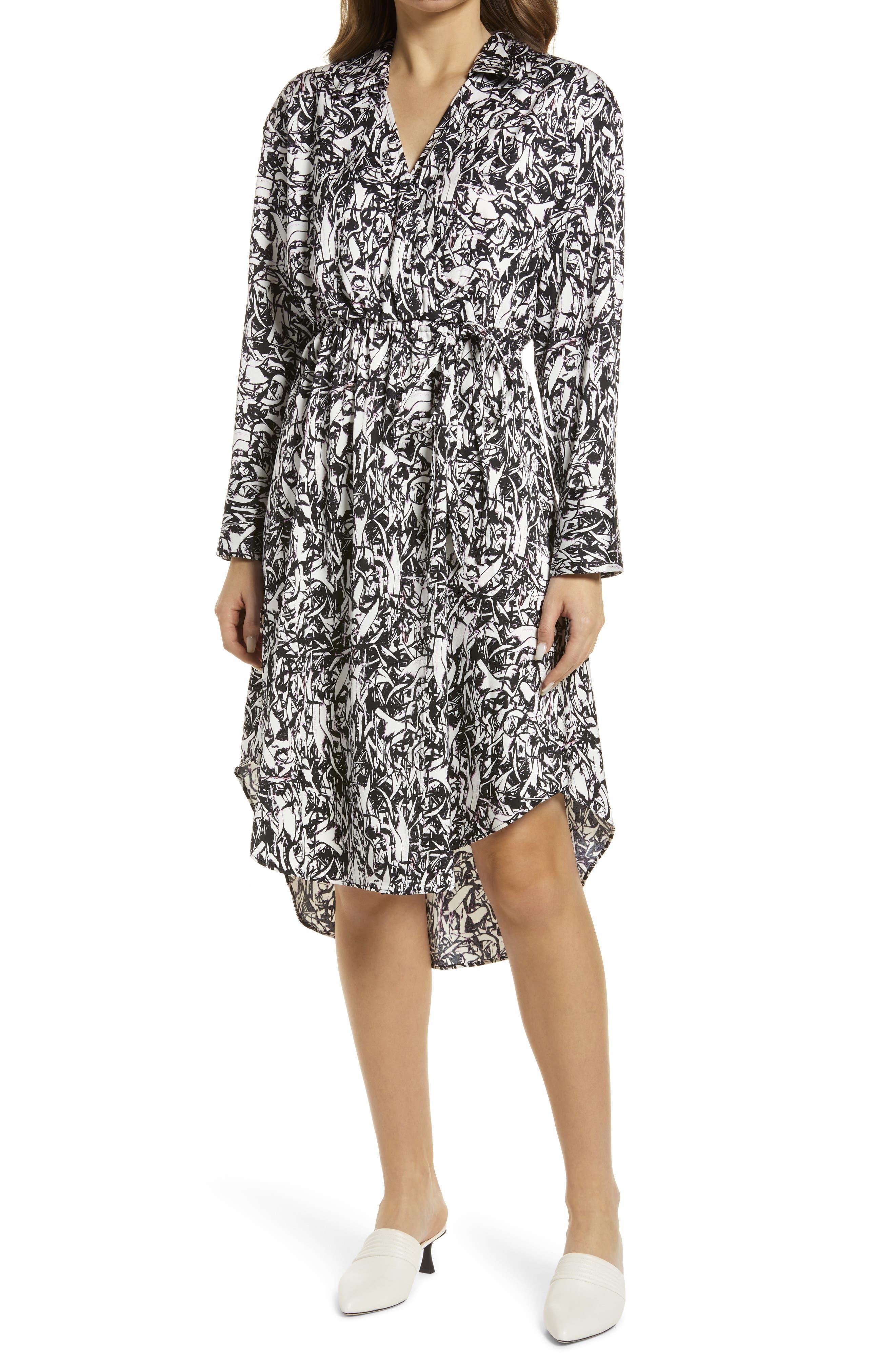 Halogen Long Sleeve Faux Wrap Dress In Black Ivory Encaust