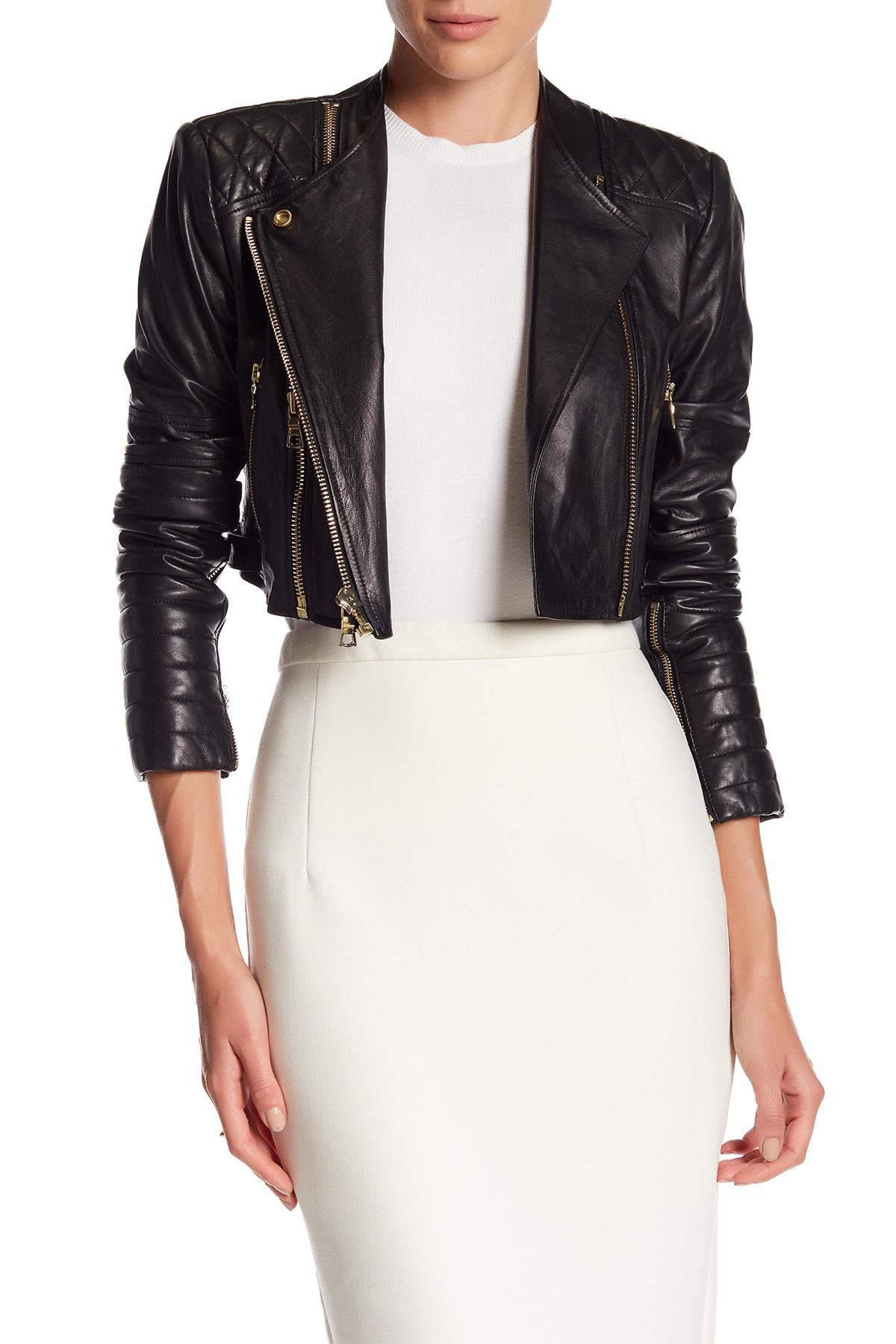 Alice + Olivia Fin Cropped Genuine Lamb Leather Jacket in Black | Lyst