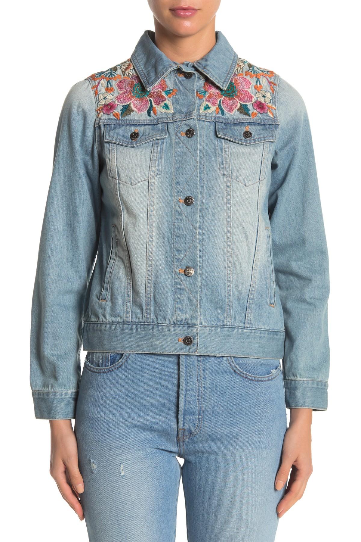 Johnny Was Taryn Embroidered Patchwork Denim Jacket Size M Denim Blue