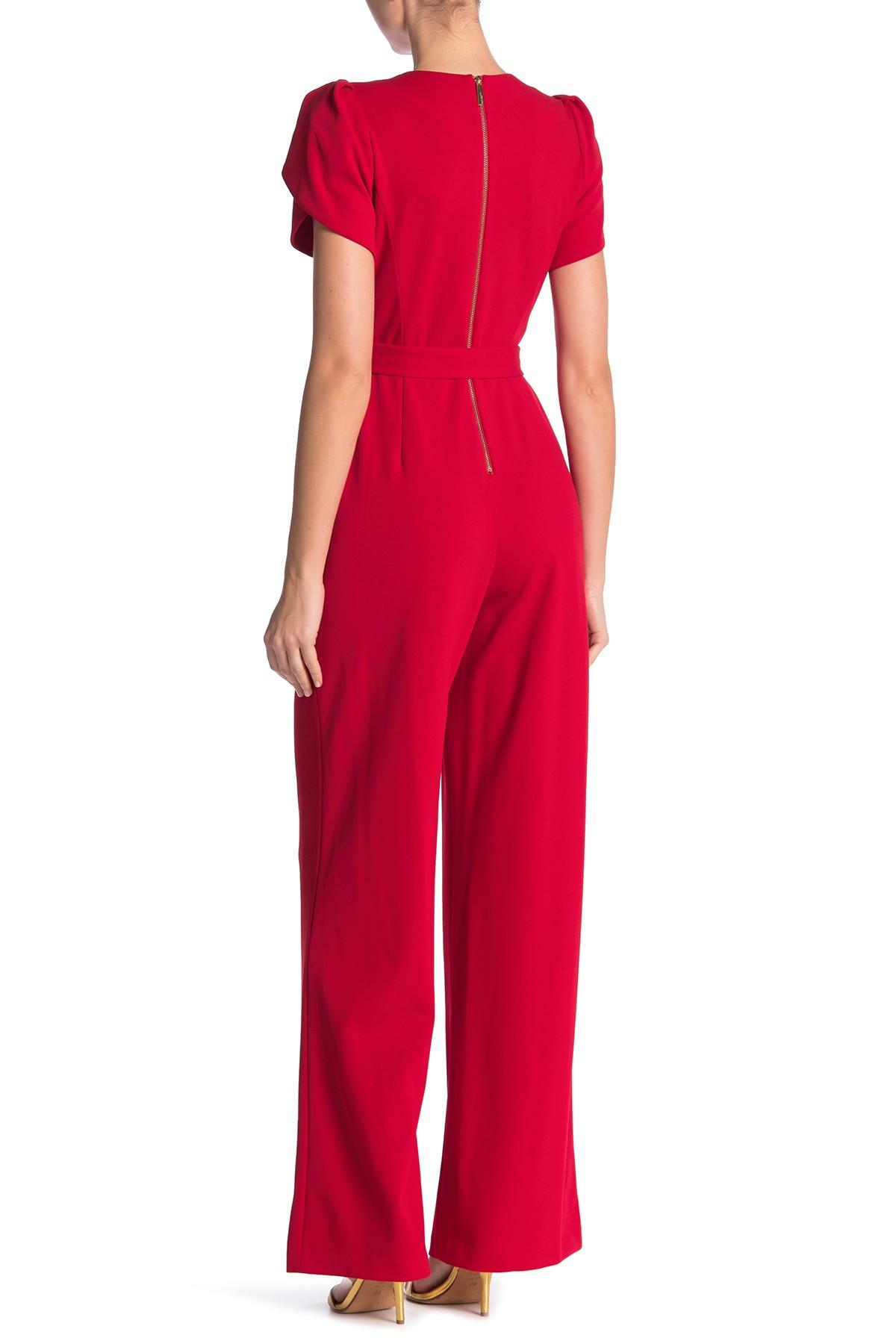 Calvin Klein Tulip Sleeve Waist Tie Jumpsuit in Red | Lyst