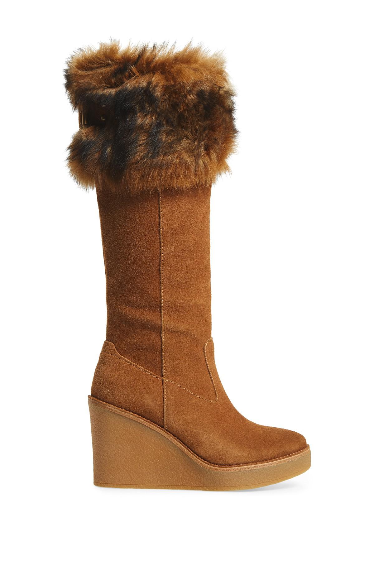 UGG Suede Valberg Genuine Shearling Wedge Boot in Brown Lyst
