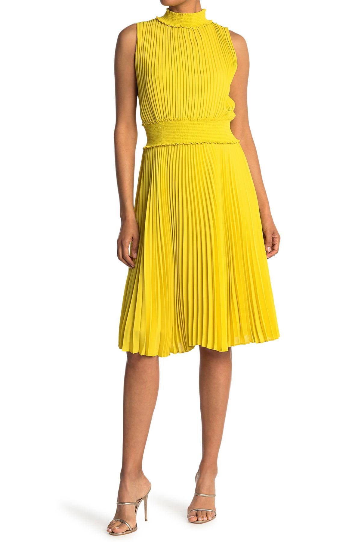 Nanette Lepore Pleated Sleeveless Smock Neck & Waist Midi Dress in Yellow