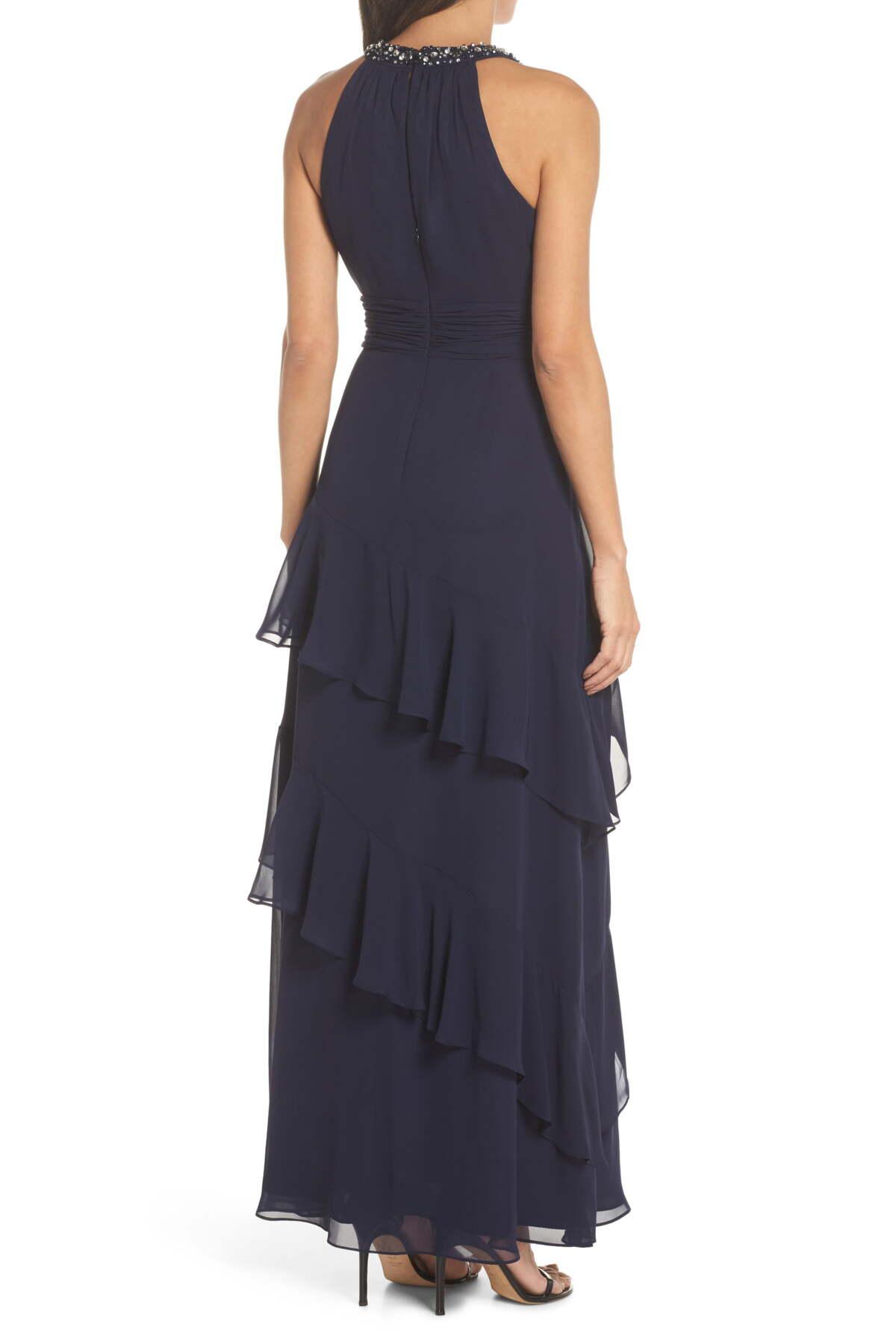Eliza J Beaded Halter Tiered Chiffon Gown in Blue - Lyst
