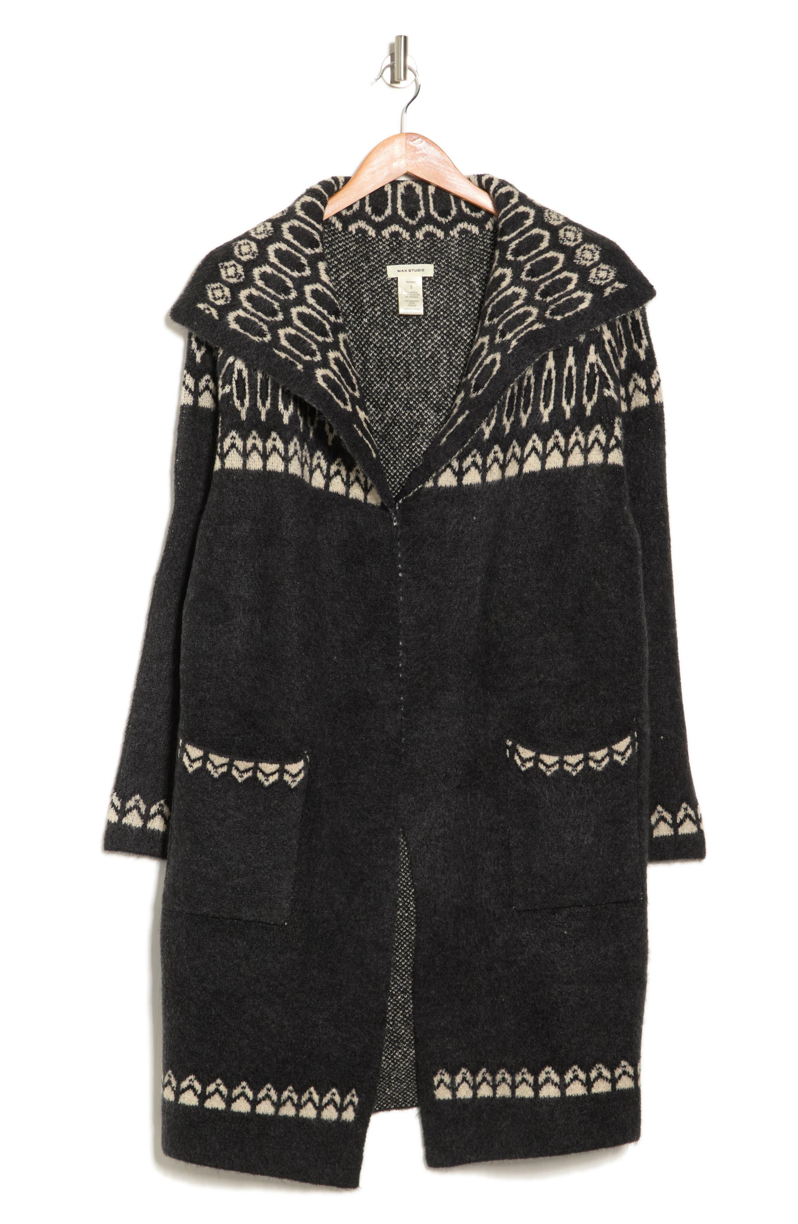 Max Studio Nordic Novelty Trim Long Cardigan In Tonal Grey Floral
