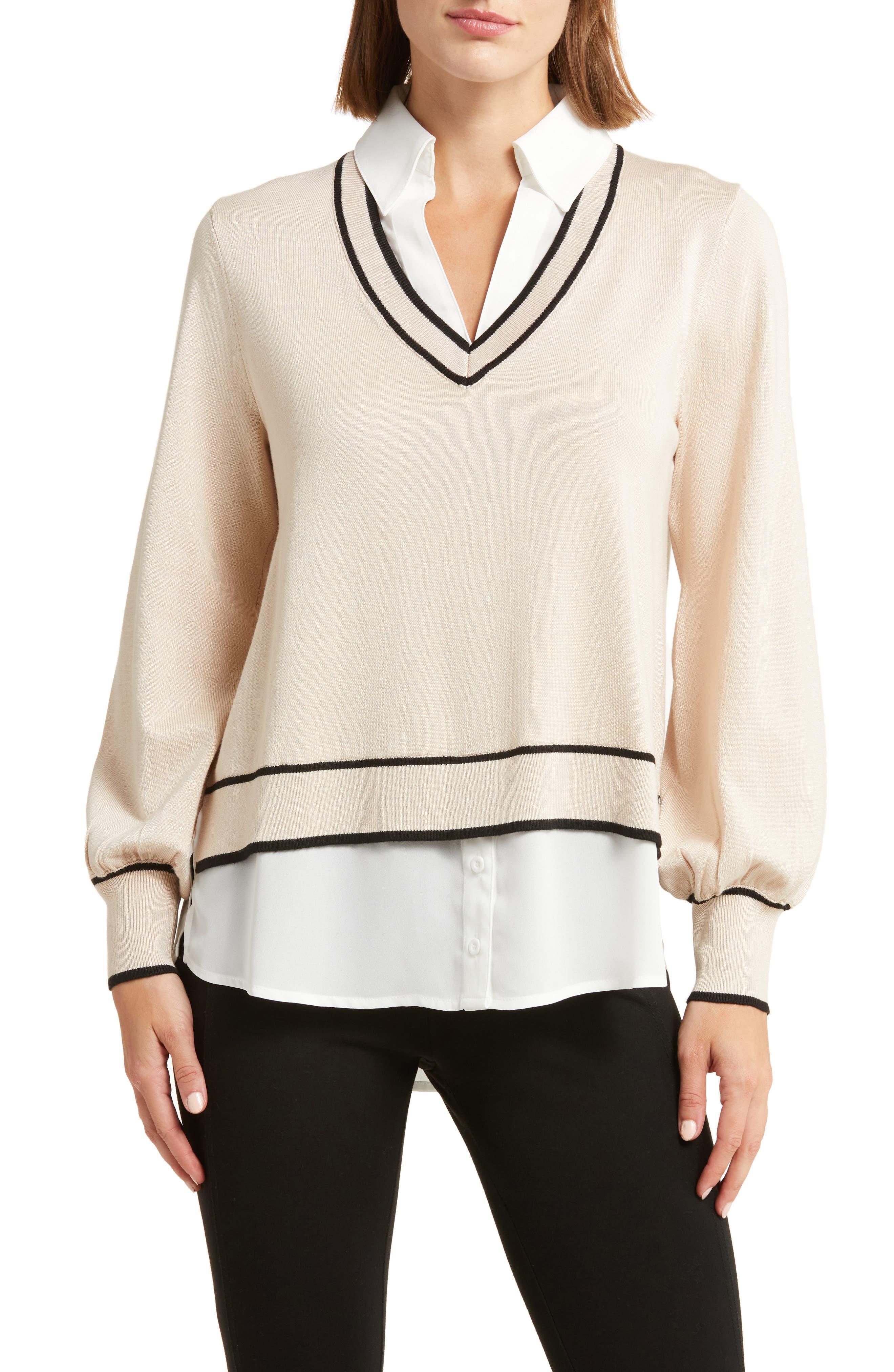 Adrianna Papell Twofer Tipped V-neck Sweater Vest Layered Blouse in Natural  | Lyst