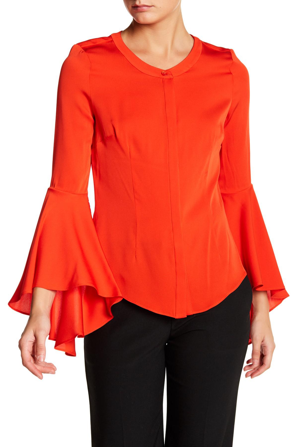 Lyst Milly Ruffle Bell Sleeve Silk Blouse in Red
