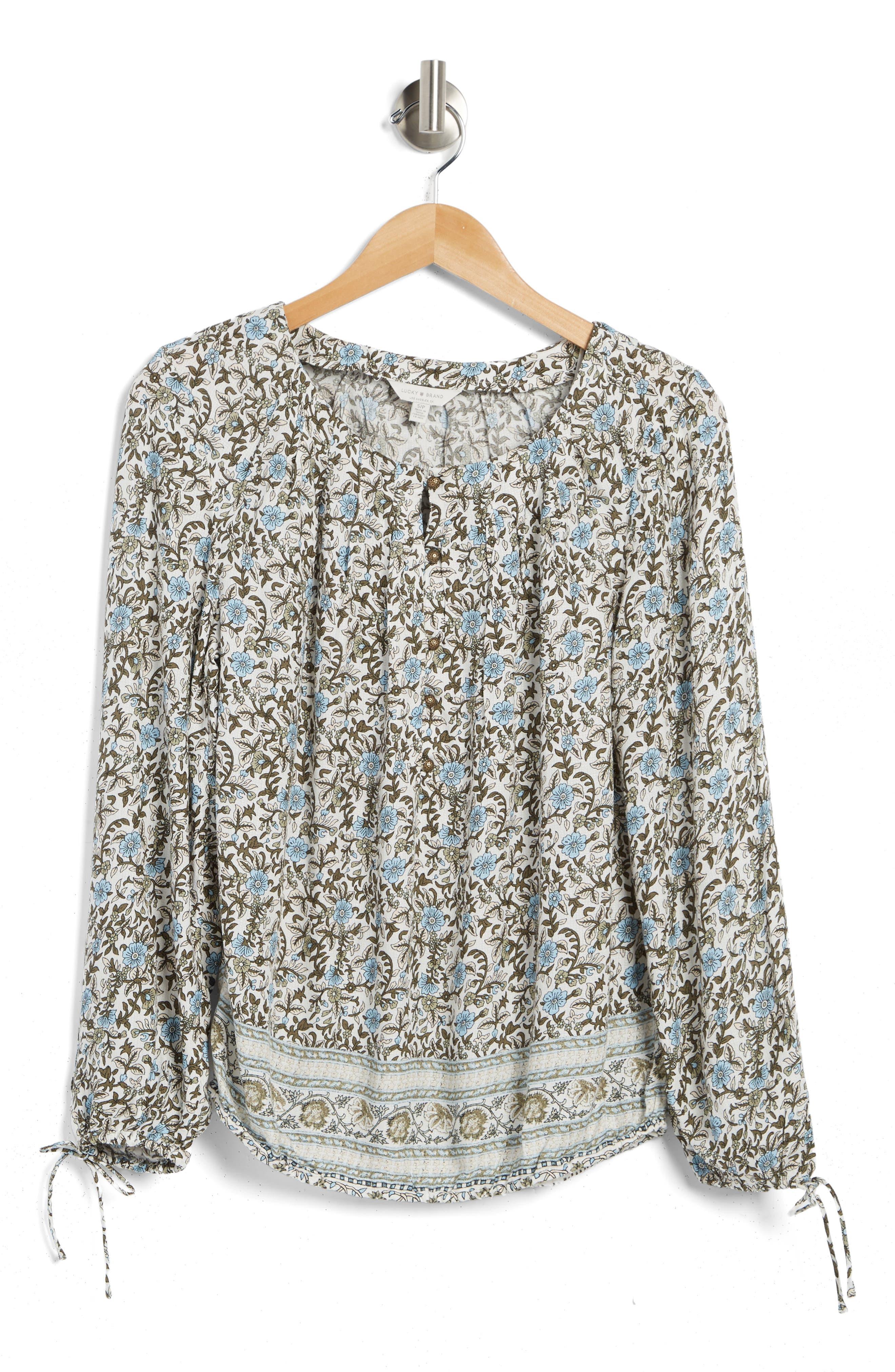 Lucky Brand Floral Tie Sleeve Blouse in Gray