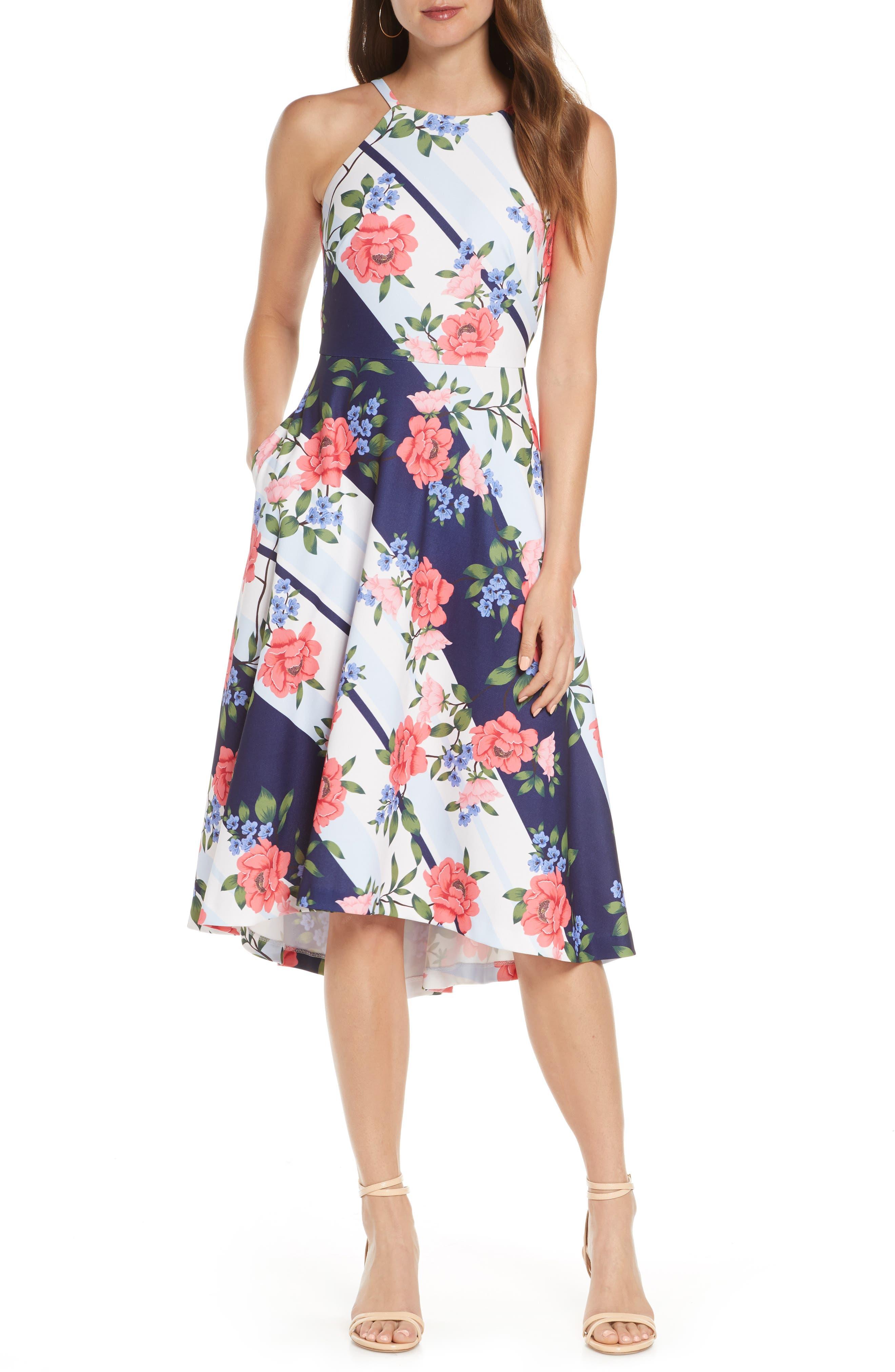 Vince Camuto Floral Halter Neck A-line Dress in Blue | Lyst