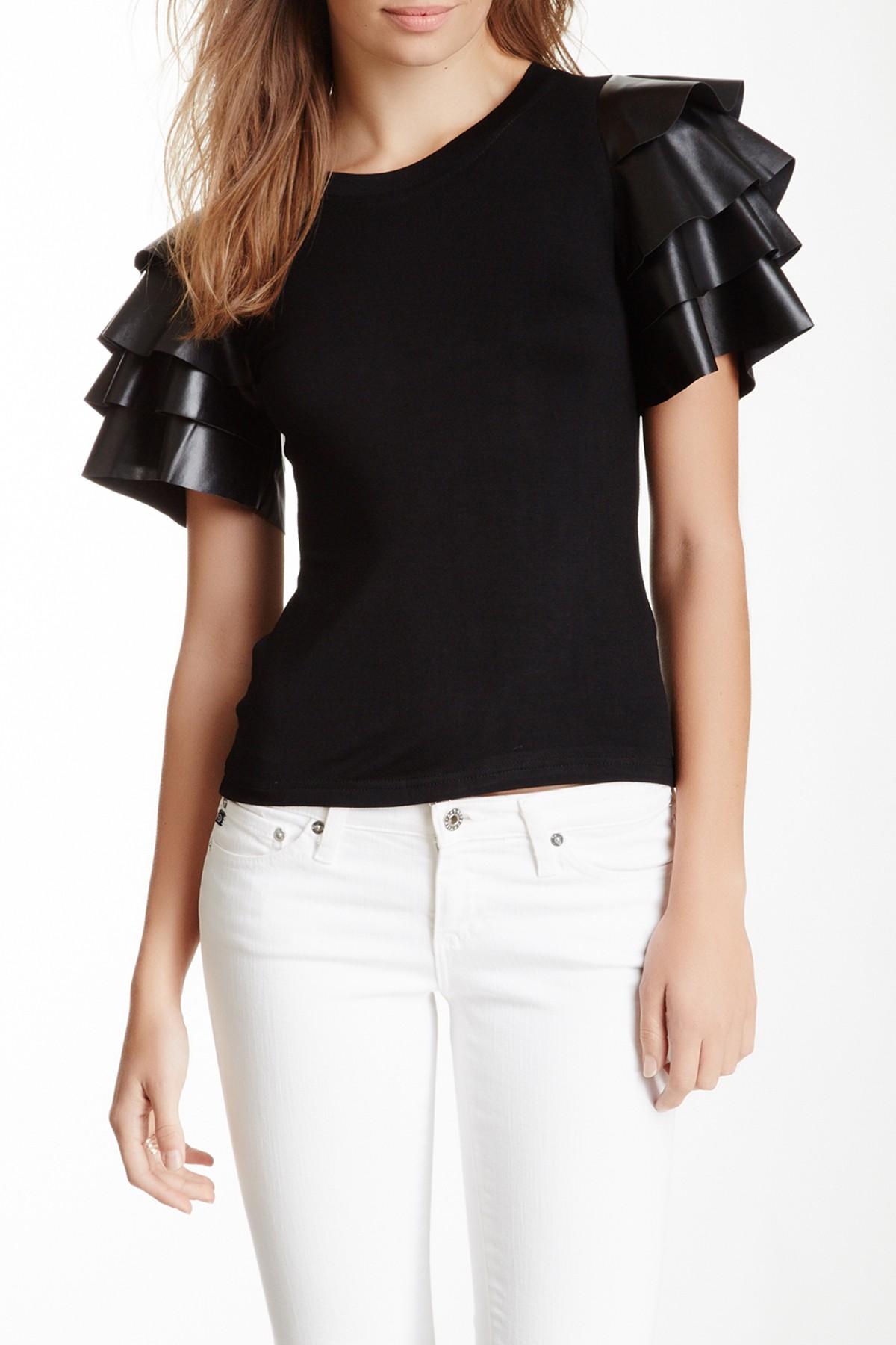 Gracia Ruffled Faux Leather Sleeve Top in Black | Lyst