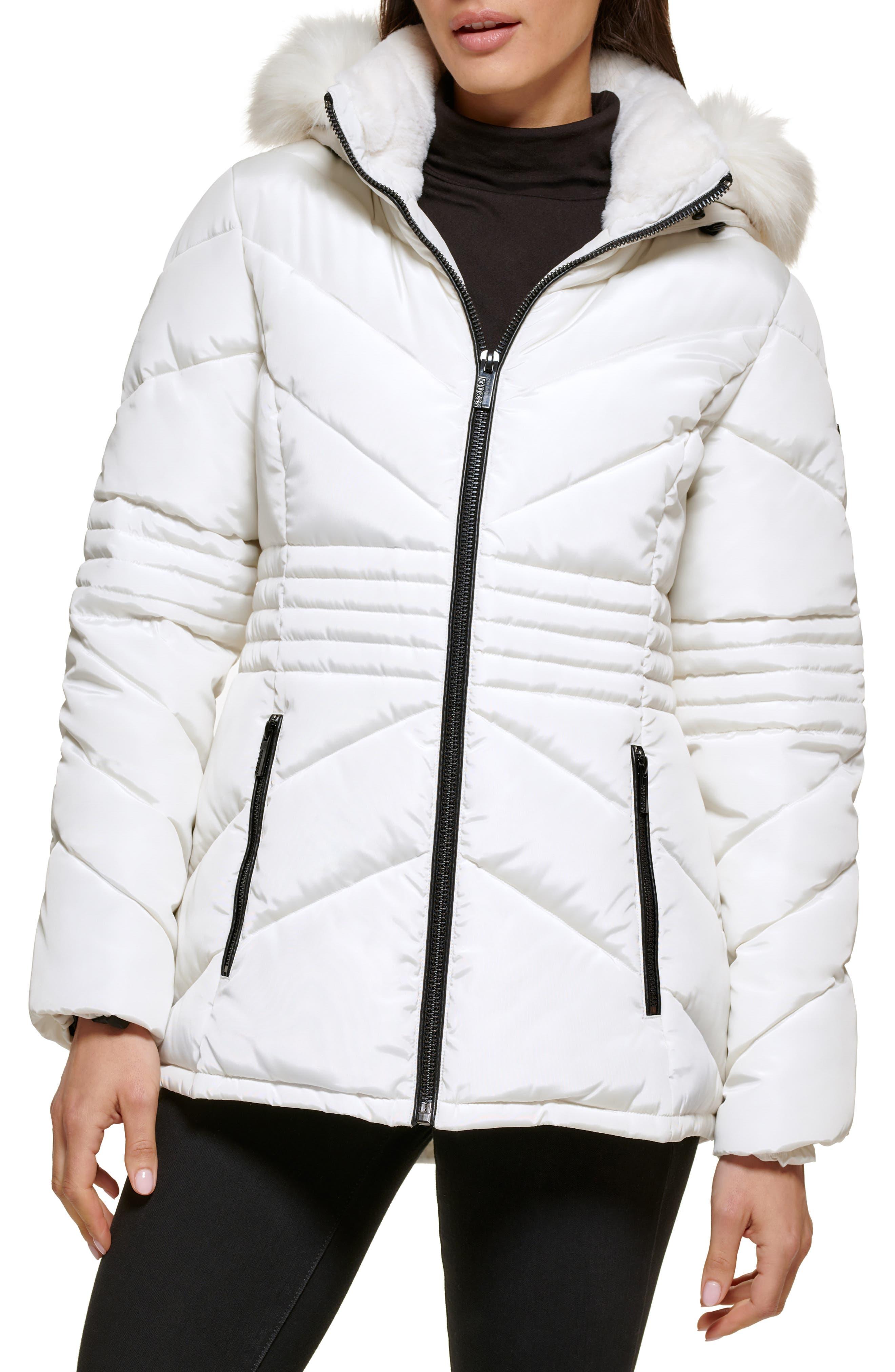 Guess Faux Fur Trim & Lined Hooded Puffer Jacket in White | Lyst