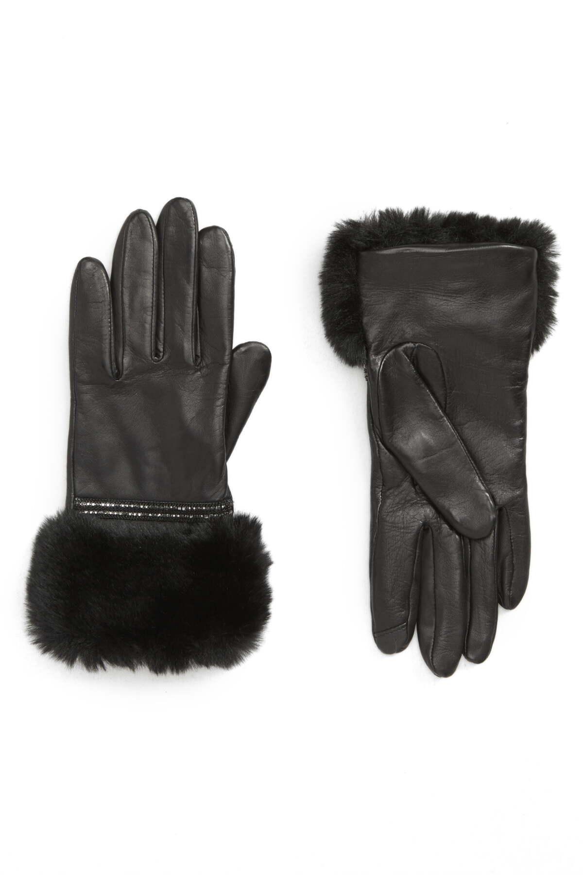 Badgley Mischka Faux Fur Trim Leather Touchscreen Gloves in Black Lyst