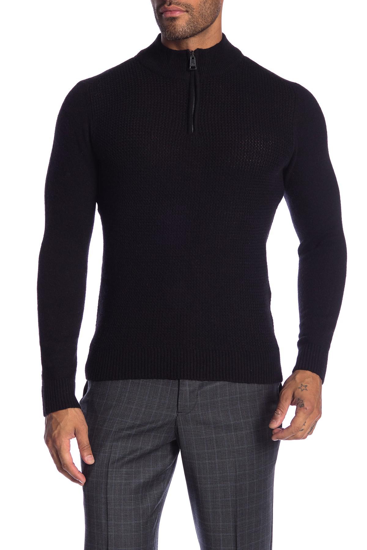 Ben Sherman Wool Micro Quarter Zip Funnel Neck Sweater in Black for Men ...