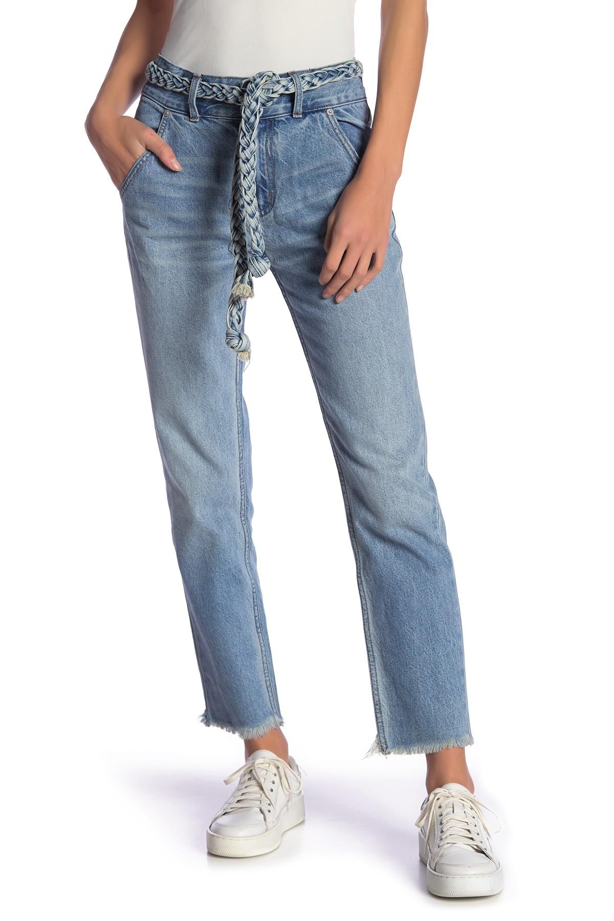 Free People Denim Tie Belt High Waist Slim Straight Leg Jeans in Blue