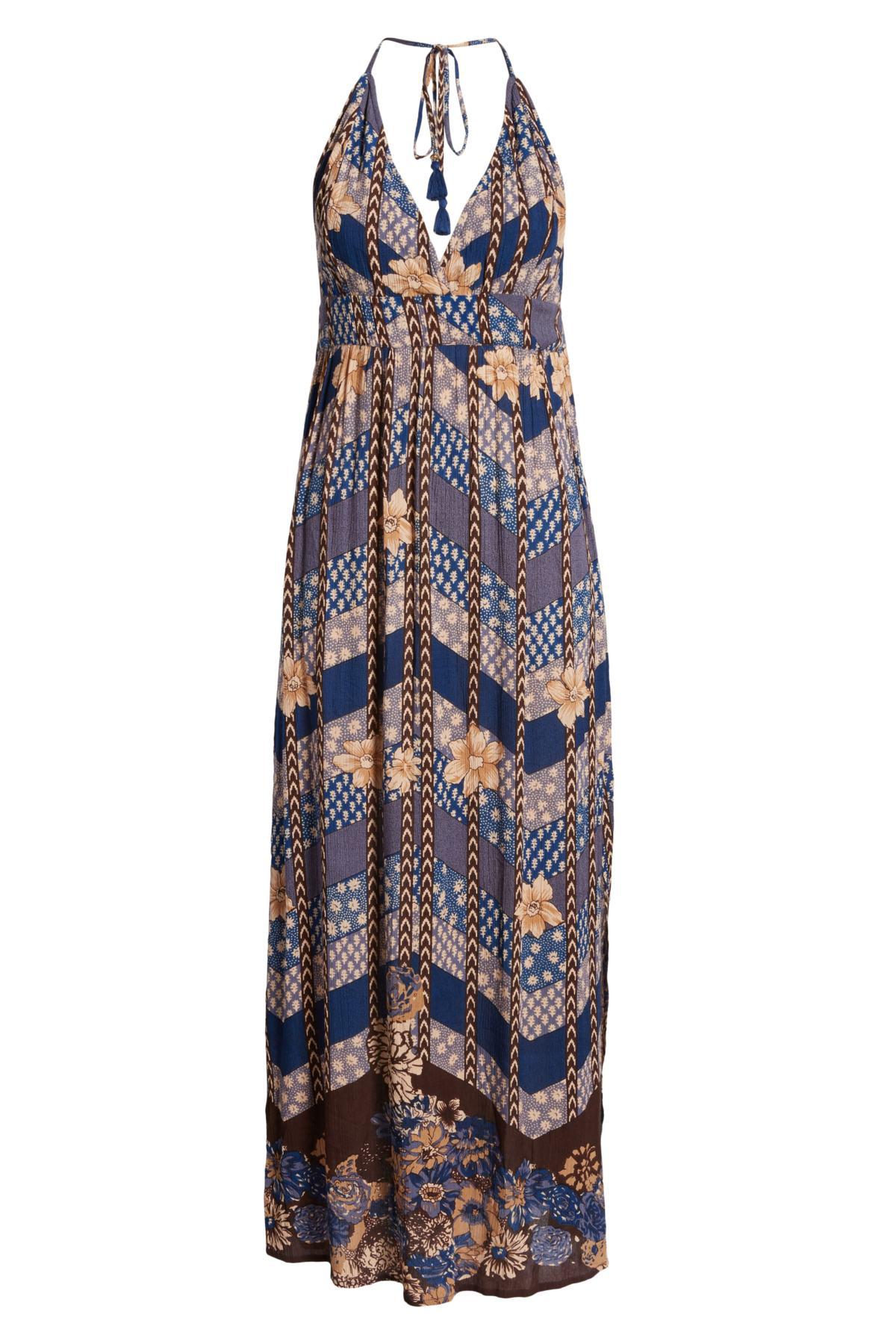 annalisa blue multi floral print halter maxi dress