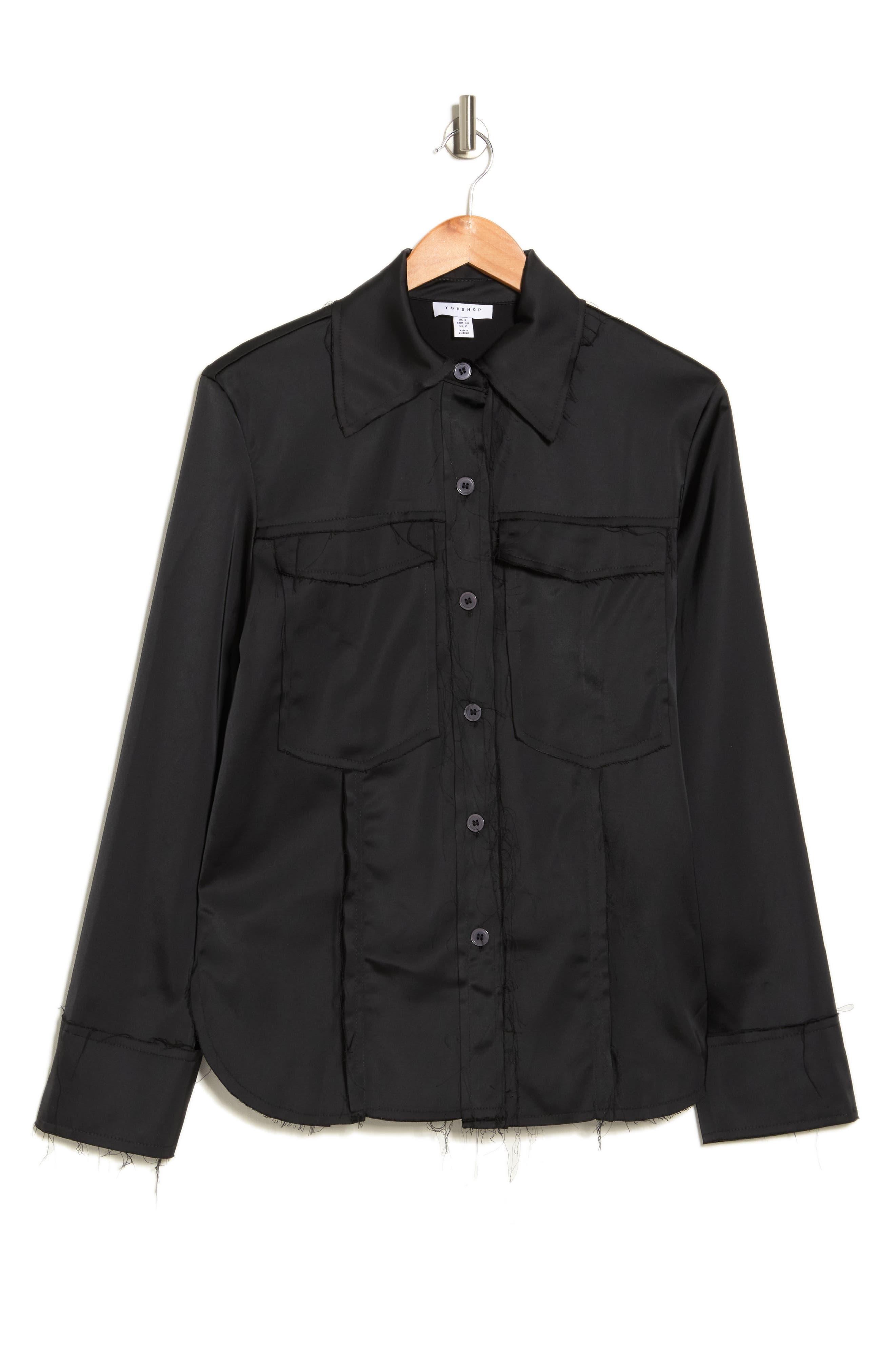 TOPSHOP Satin Collared Button-up Shirt In Black At Nordstrom Rack | Lyst