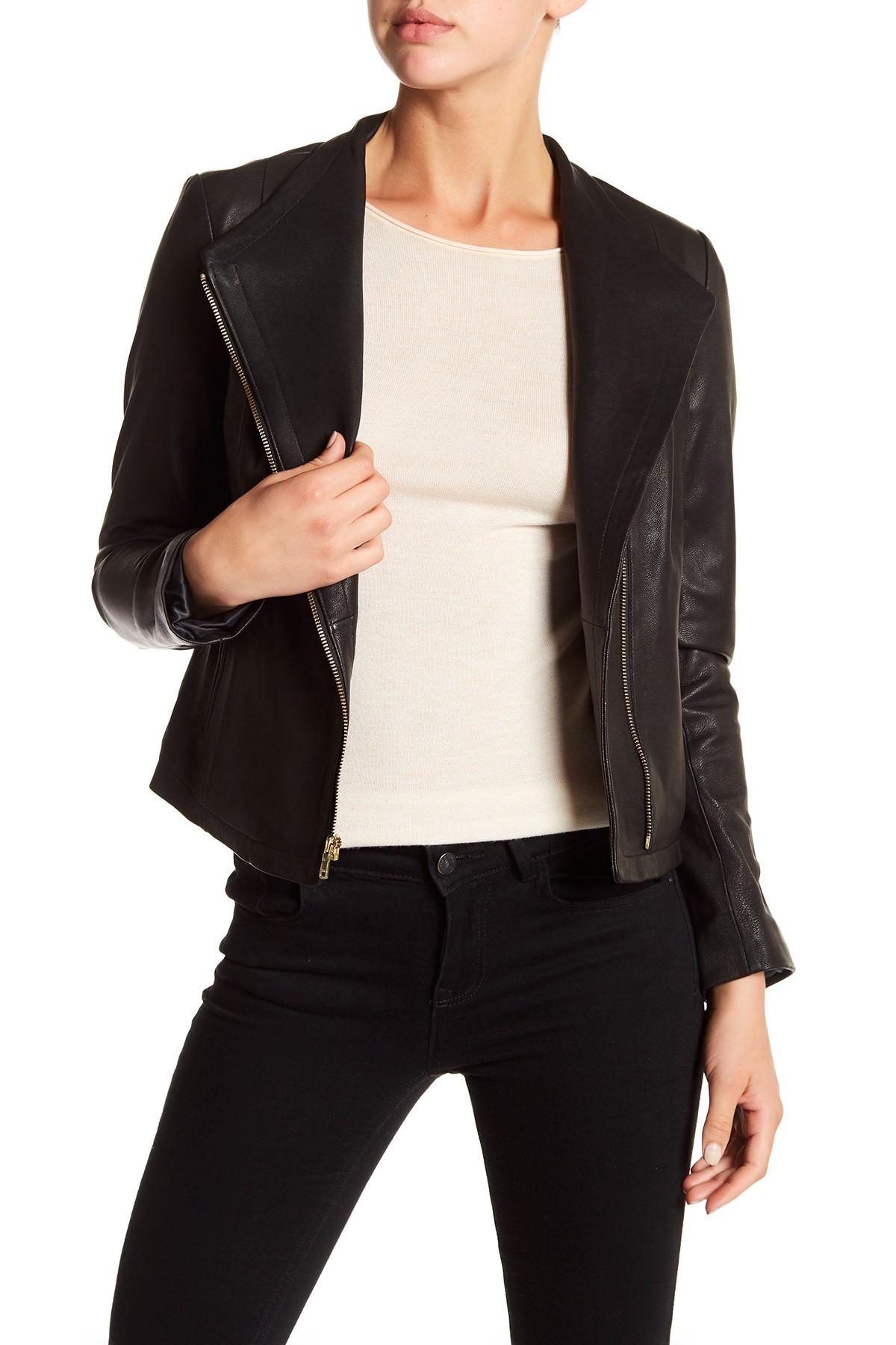 Lyst - Cole Haan Asymmetrical Front Zip Genuine Leather Jacket in Black