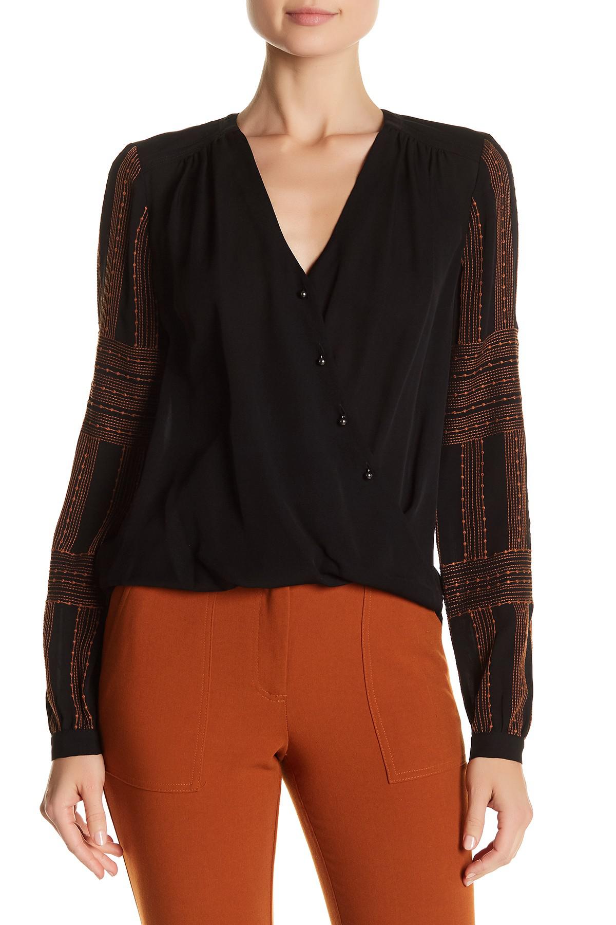 Veronica Beard Bohemian Surplice Embroidered Sleeve Silk Blouse in