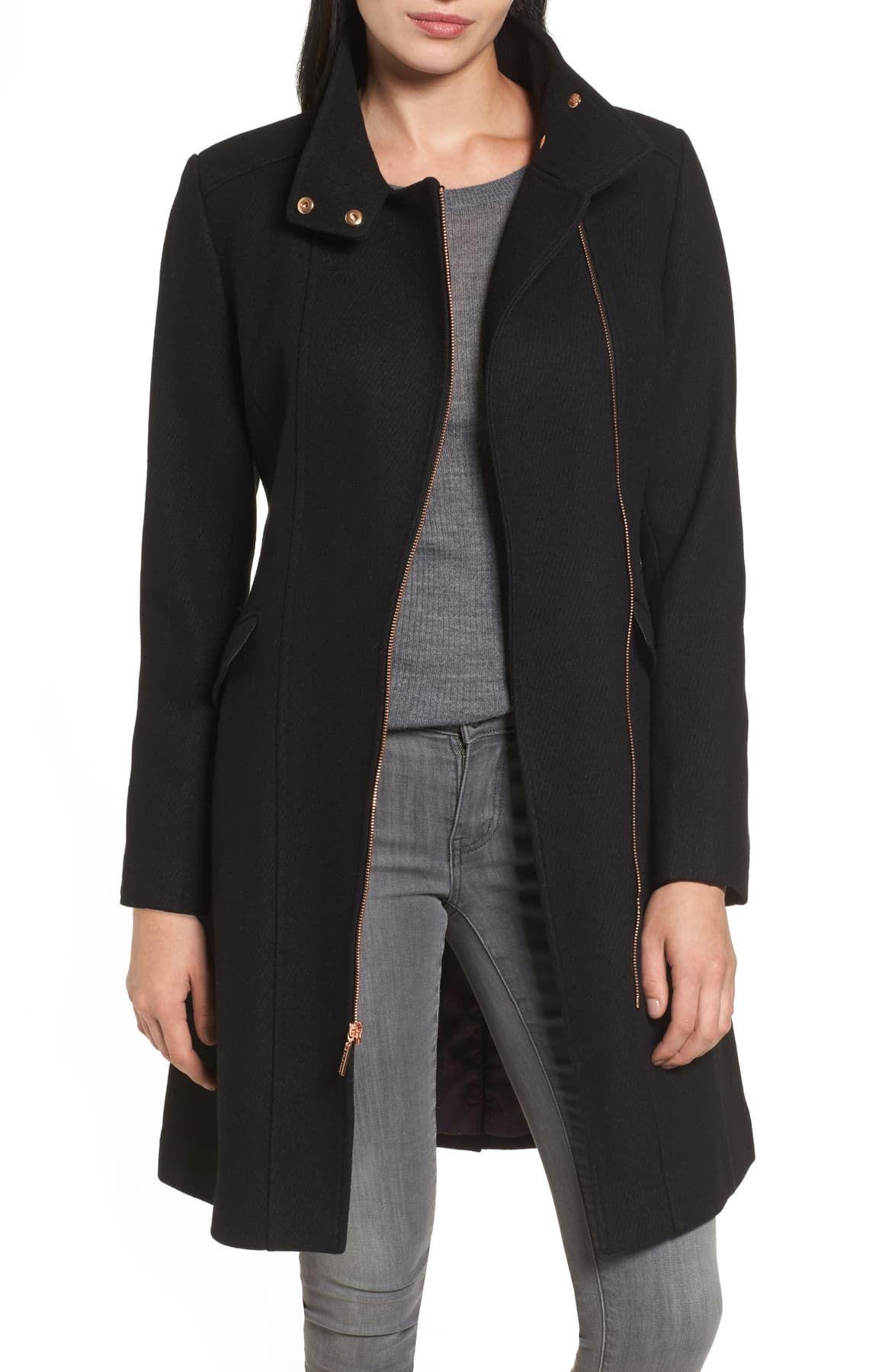 Download Cole Haan Wool Blend Mock Neck Zip Coat in Black - Lyst