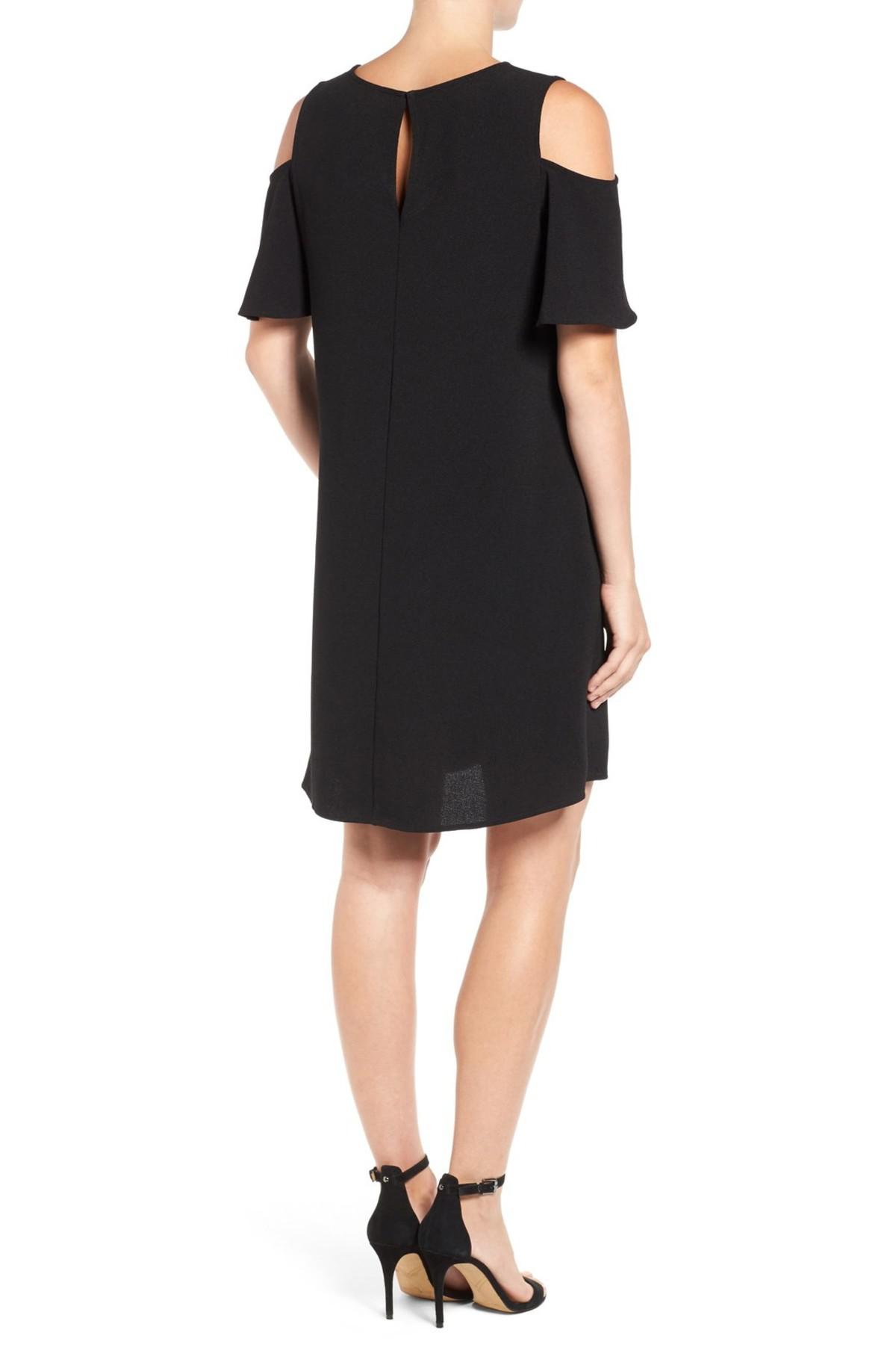 black cold shoulder shift dress