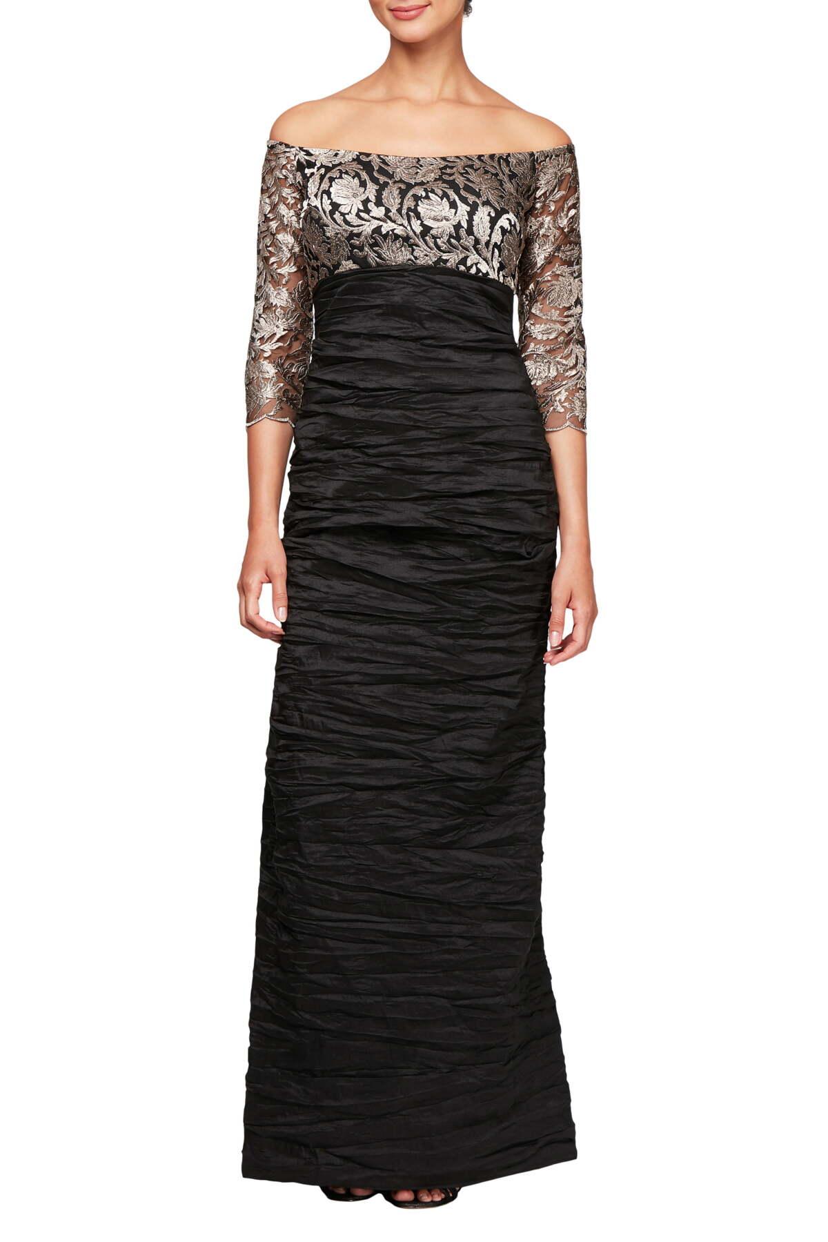 Alex Evenings Off-the-shoulder Embroidered Empire Waist Dress in Black ...