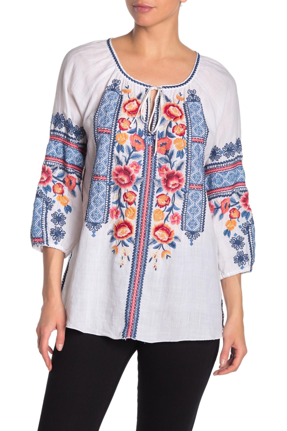 Johnny Was Dani Embroidered Split-neck 3/4-sleeve Linen Peasant Blouse ...