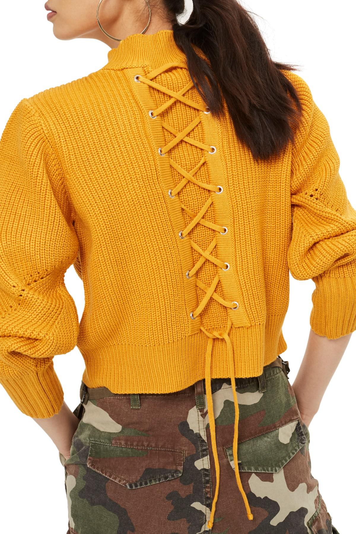 TOPSHOP Lace-up Back Sweater in Mustard (Yellow) | Lyst
