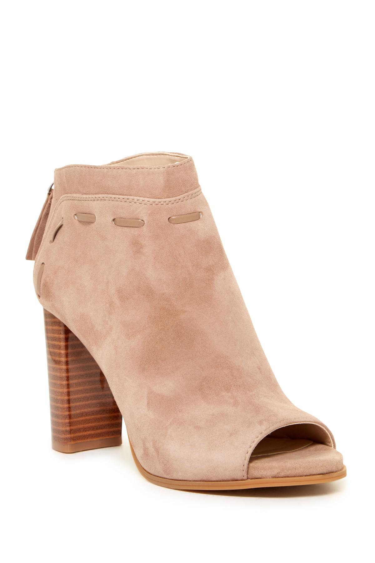 tan suede open toe booties