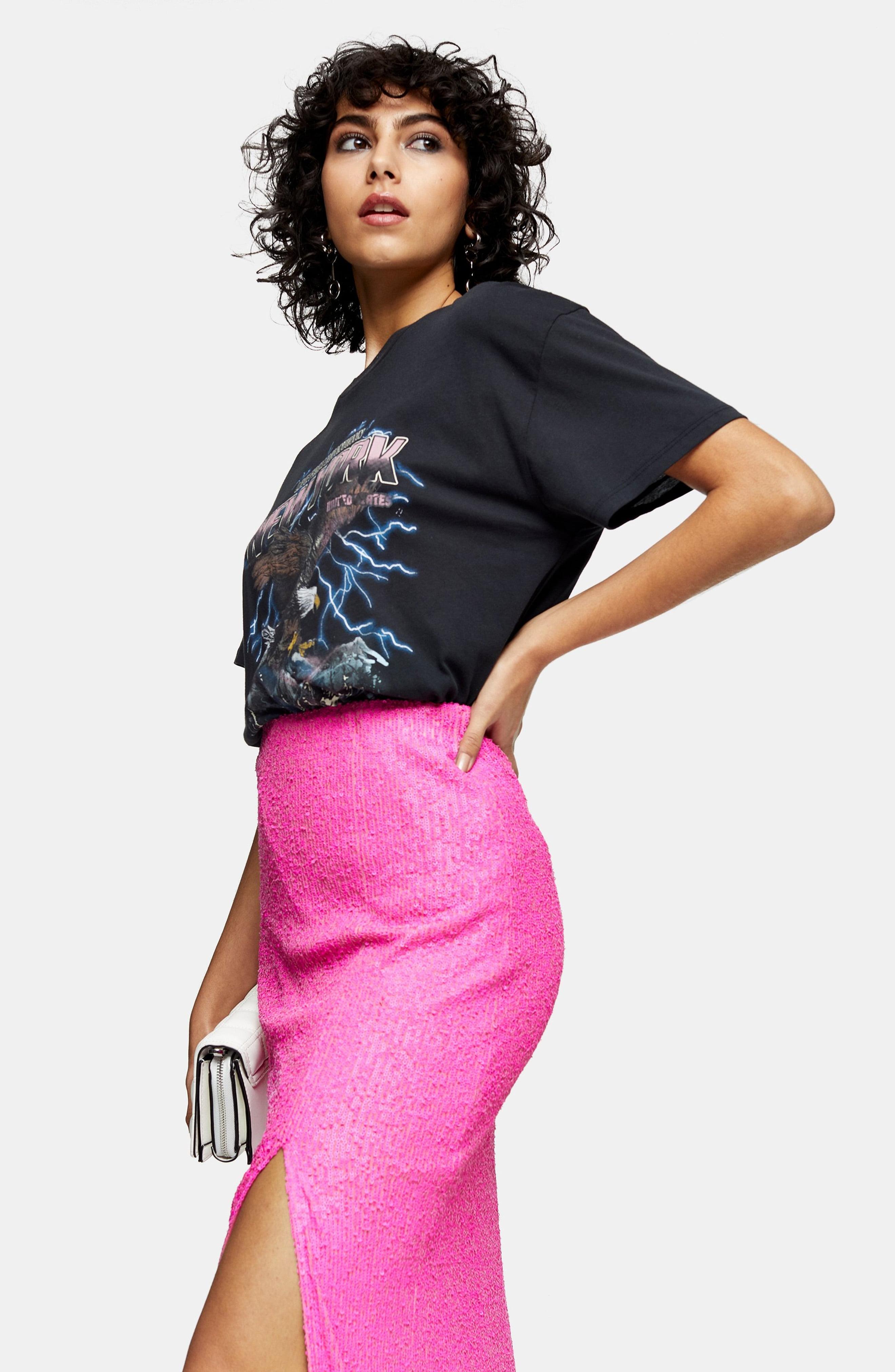 TOPSHOP Synthetic Neon Pink Sequin Pencil Skirt | Lyst