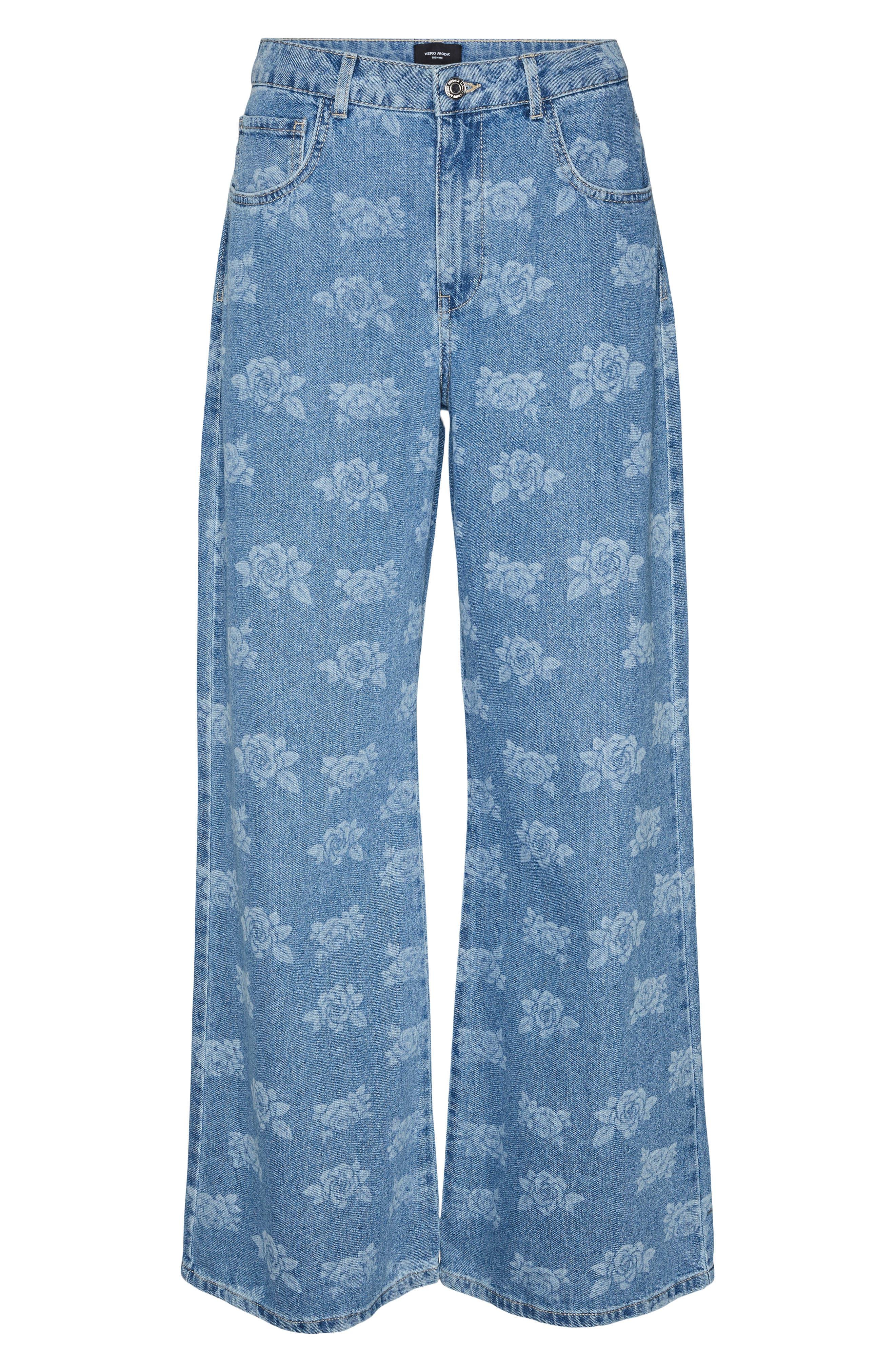 Vero Moda Floral High Waist Wide Leg Jeans in Blue | Lyst