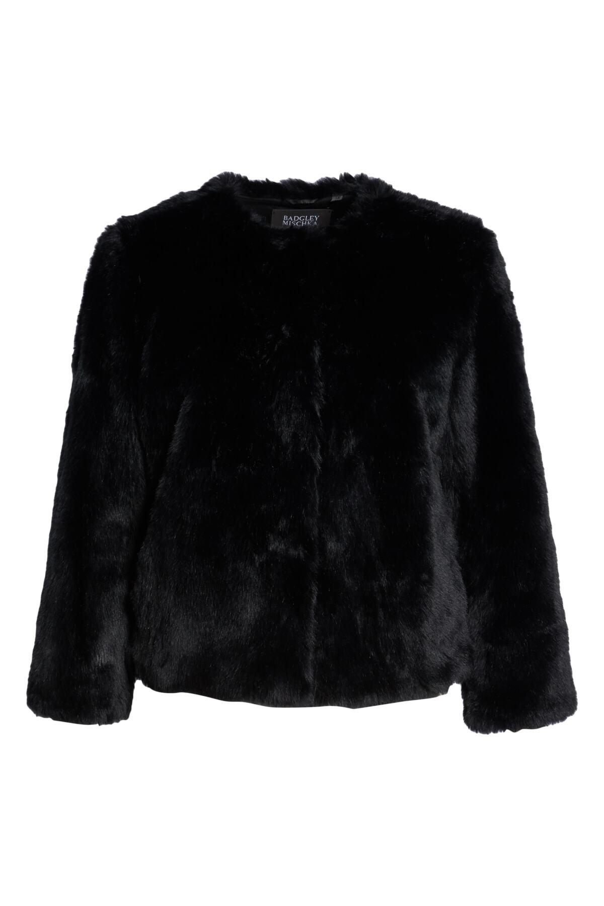 Badgley Mischka Collarless Faux Fur Jacket (plus Size) in Black - Lyst
