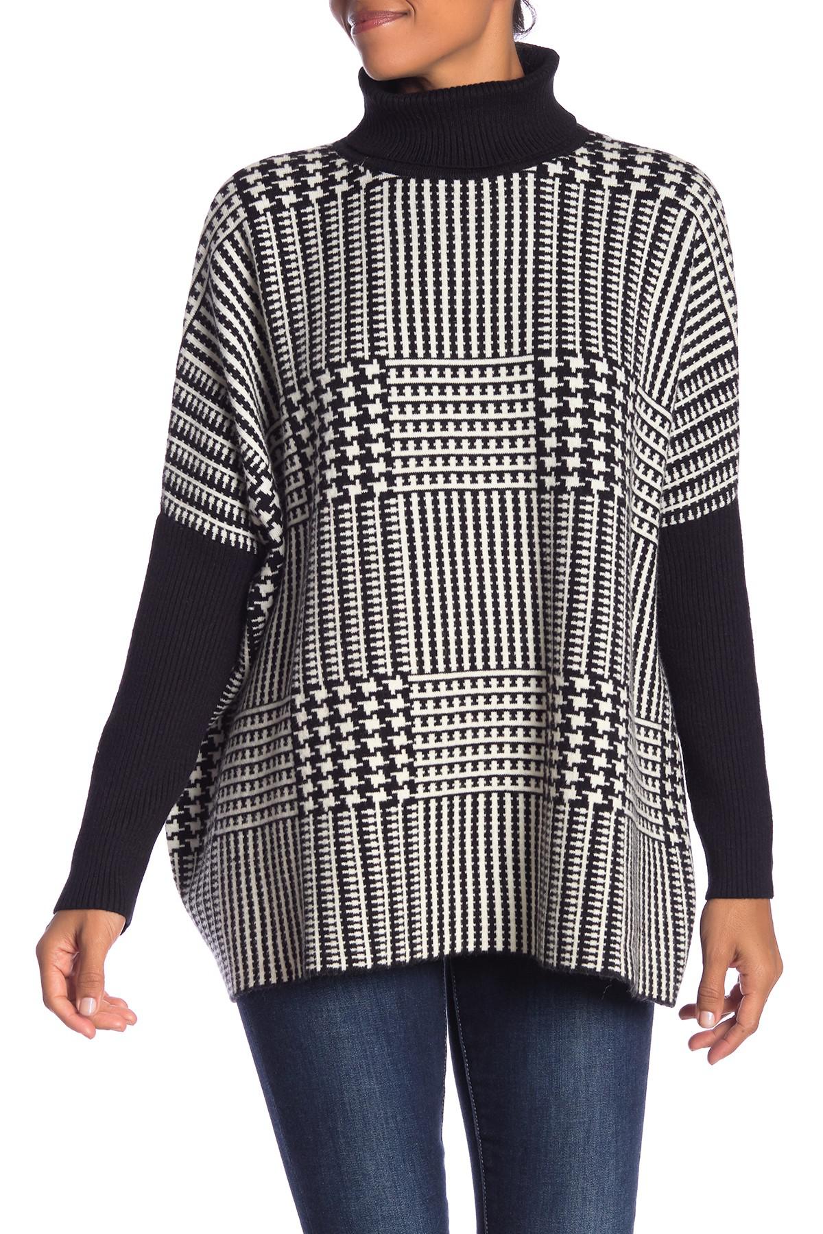 Joseph A Synthetic Patterned Turtleneck Poncho Sweater (petite) in Black Lyst