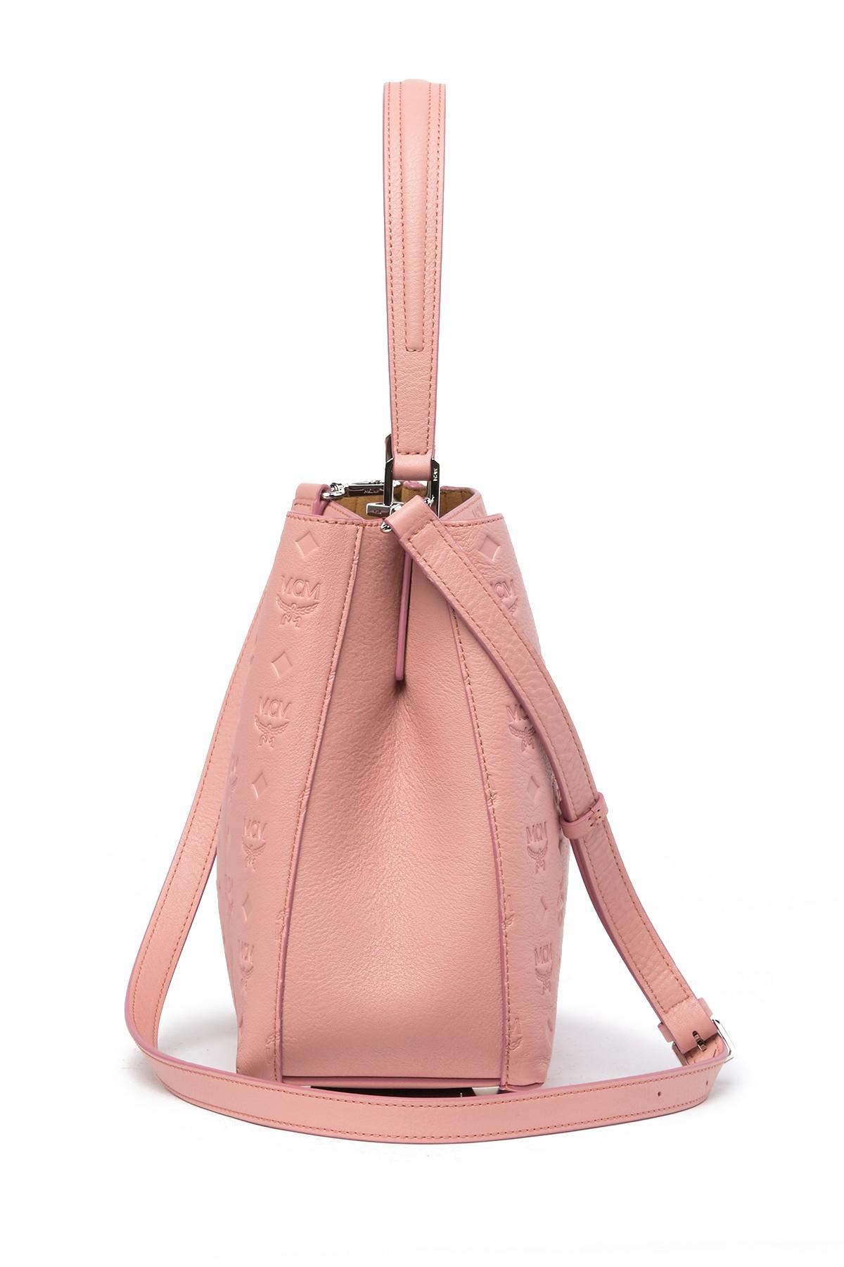 MCM Sarah Monogrammed Leather Hobo Bag in Pink