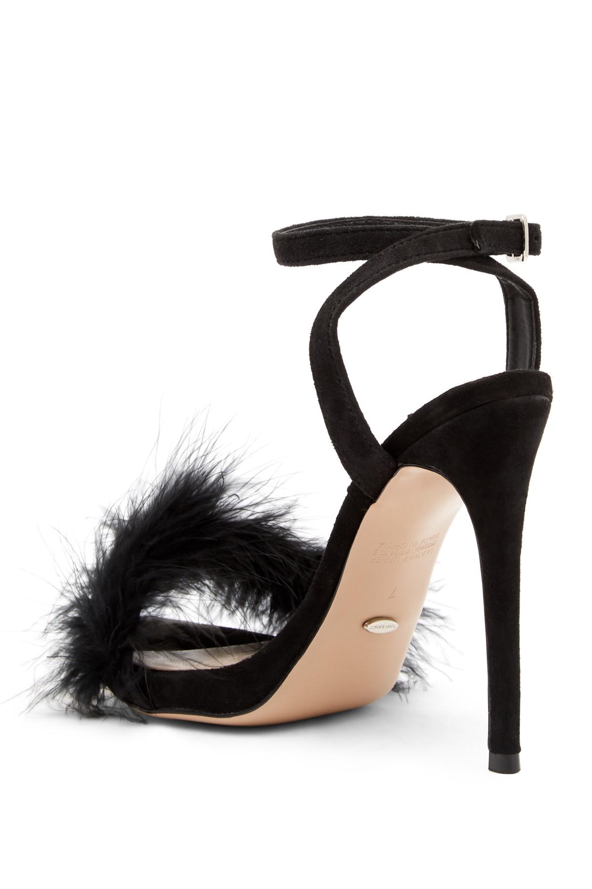 Tony Bianco Avery Faux Fur Pompom Heeled Sandals in Black