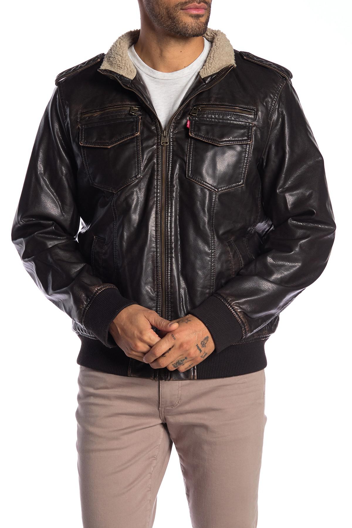 Levi's Big And Tall Faux Leather Sherpa Lined Aviator Bomber Jacket in
